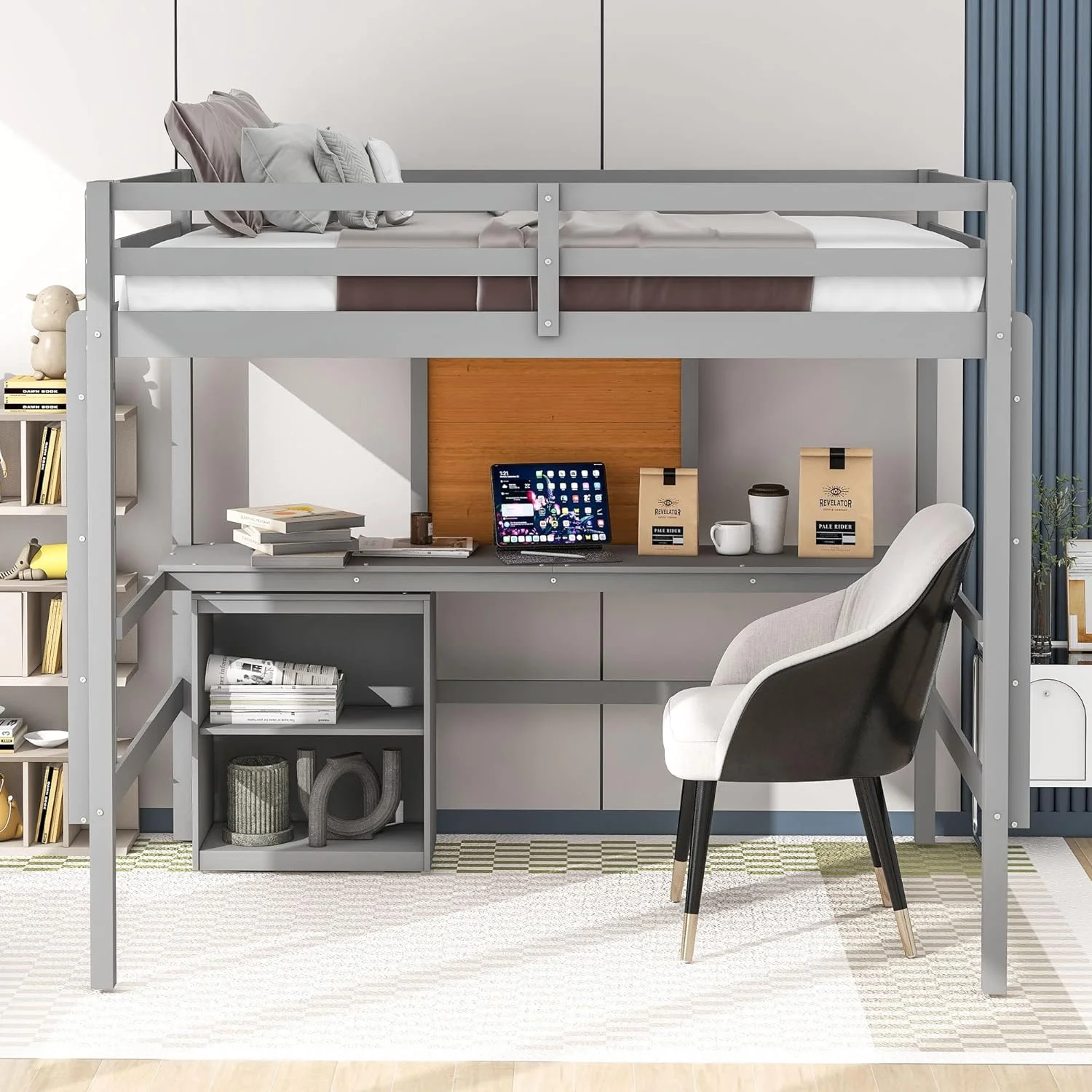 Full Size Loft Bed Frame With Desk, Storage Shelves And Writing Board, Wood Loft Beds With Two Ladders And Moveable 2-Shelf Cabinet, High Loft Bed For Kids Boys Girls Teens, Gray