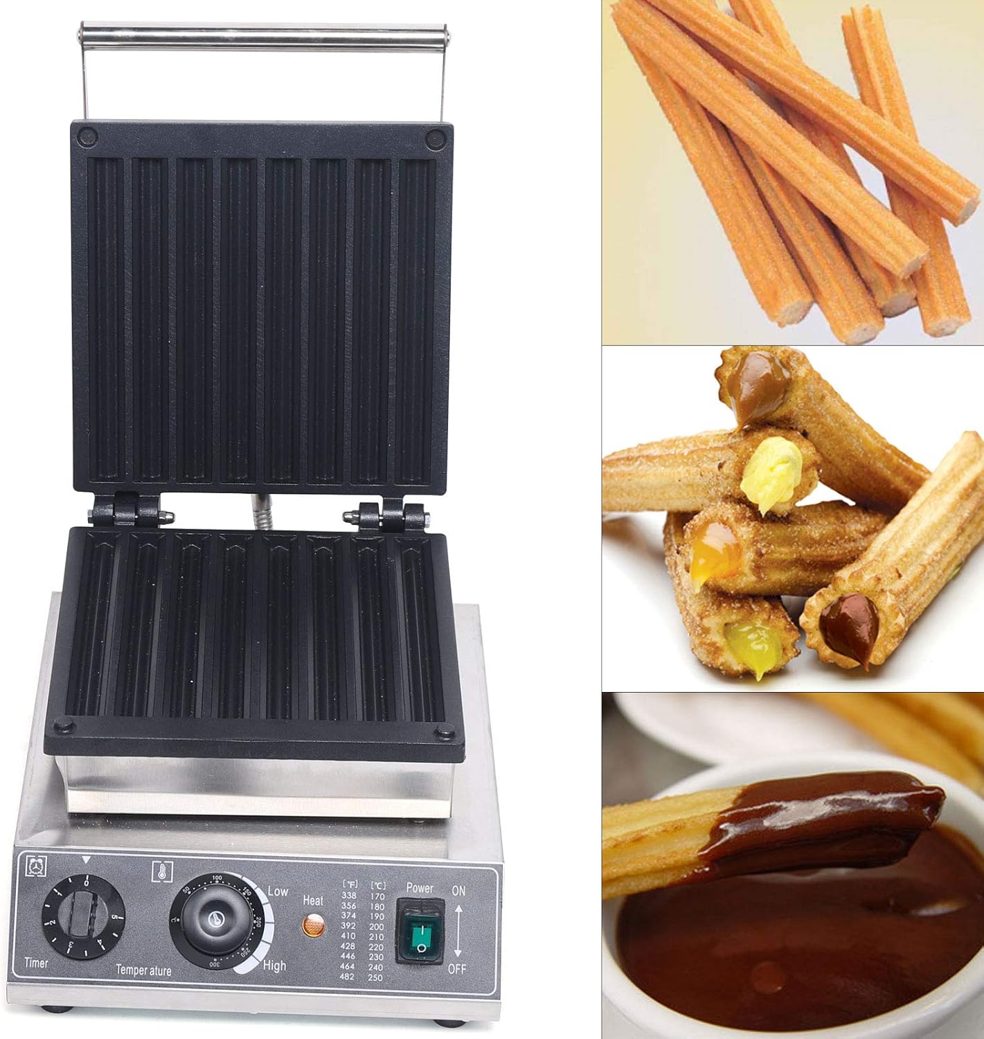 1500W 8 Churro Maker Machine, Stainless Steel Electric Waffle Maker Muffin Machine Baker Machine, Commercial Belgian Waffle Maker with Teflon Coating, 50~300℃ Temp for Restaurant Bakeries