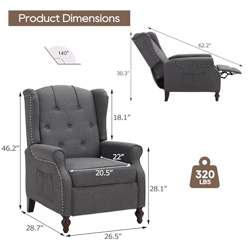 Wingback Recliner Chair with Massage and Heat, Tufted Fabric Pushback Recliner Chair, Wingback Chair with Remote Control, Padded Cushion, Wooden Legs, Small Recliners for Small Spaces