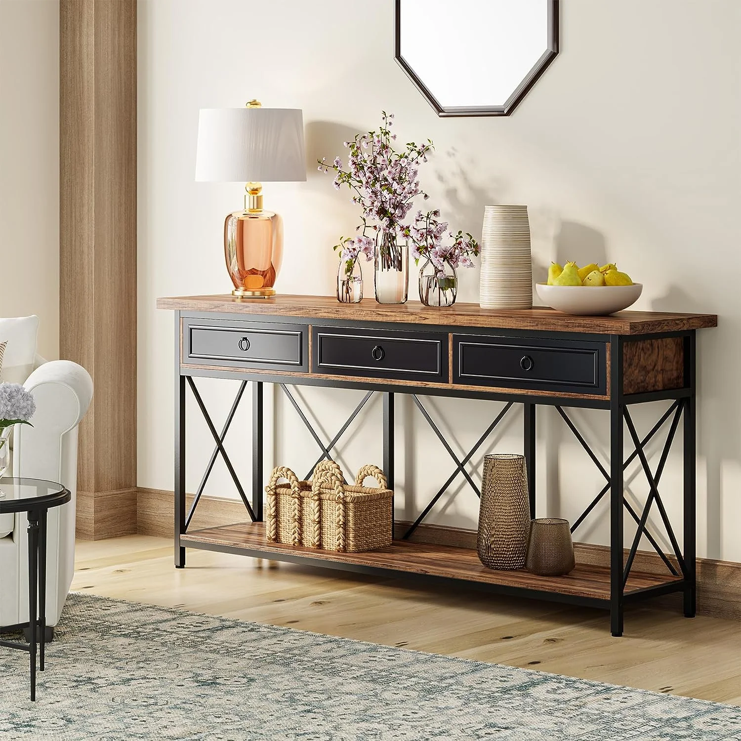 Tribesigns 70.8" Console Table with 3 Drawers, Farmhouse Entryway Table with Storage Shelf for Entryway, Hallway (Brown/Black) - Curated Treasures Market
