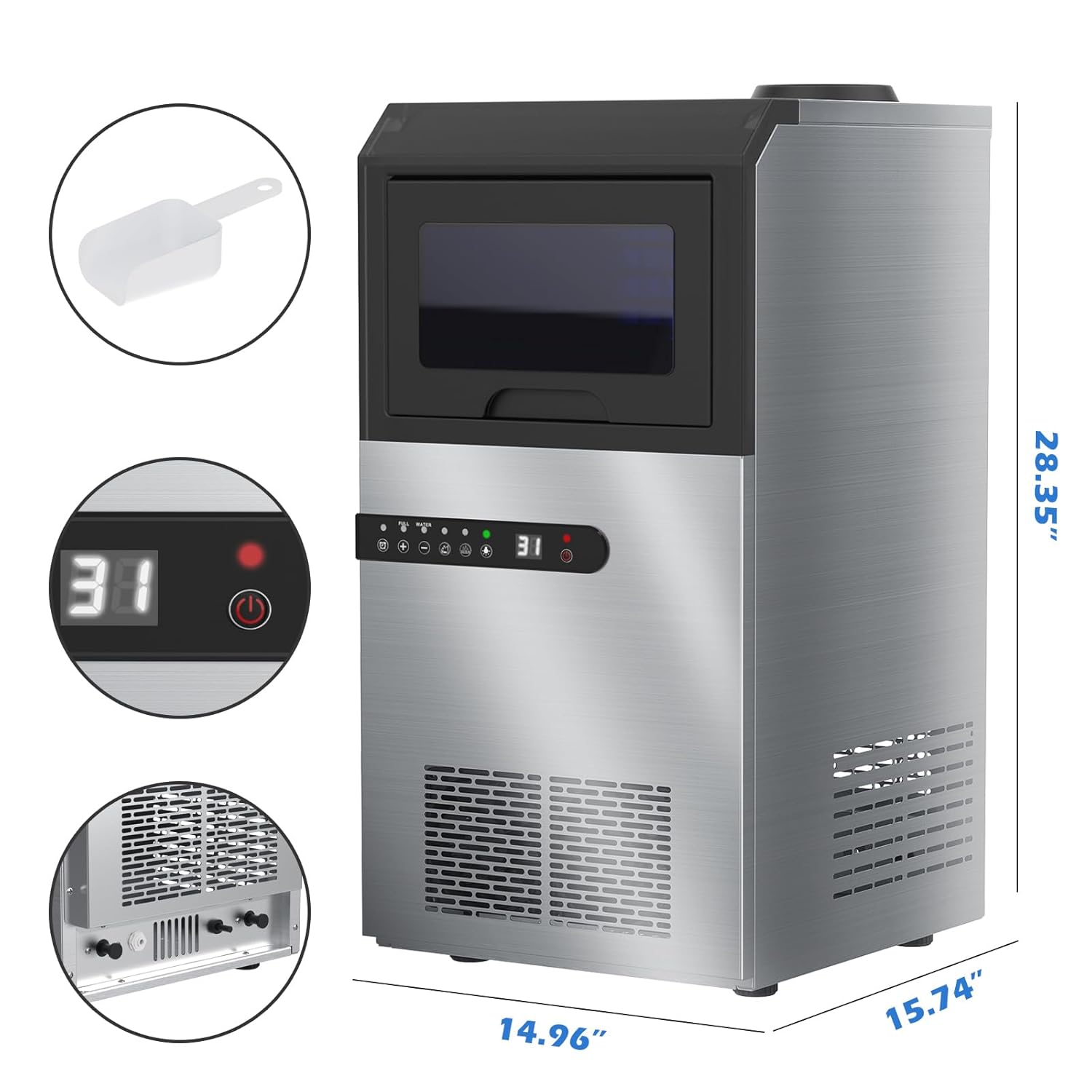 Commercial Ice Maker Machine, 100Lbs/24H Ice Production Under Counter Ice Maker, Tap Water & Top Loading Freestanding Ice Machine, 45 Ice Cubes/Cycle, Include Ice Scoop, Connection Hose