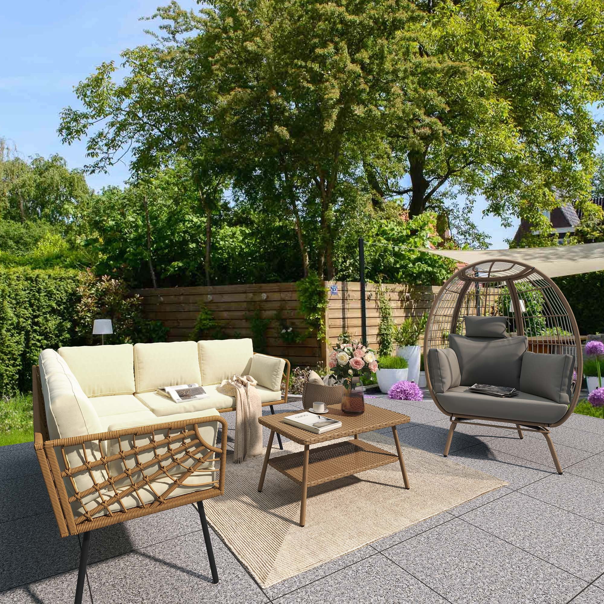 DWVO Patio Wicker Sofa set, Outdoor Boho Sectional Furniture L-Shaped Sofa with Beige Cushions and 2-tier PE Rattan Side Coffee Table - Beige
