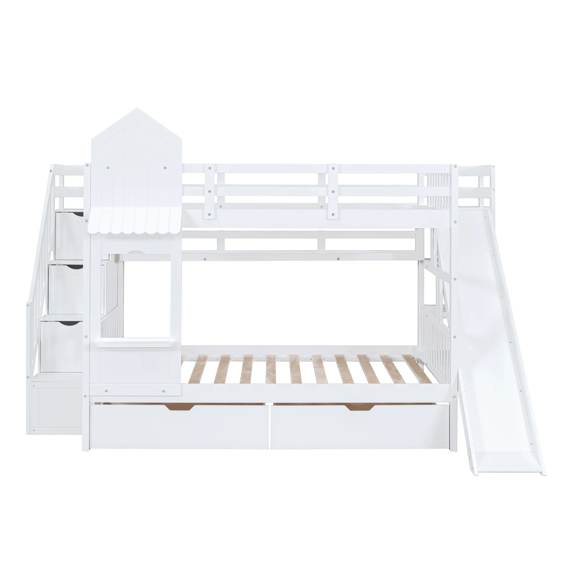 Bellemave Kids Castle Bunk Bed with Storage Drawers, Shelf, Slide and Safety Guardrail, Full Over Full Bunk Bed with Stairs, Castle Bunk Bed/Playhouse Bed for Girls, Boys, Kids (White)