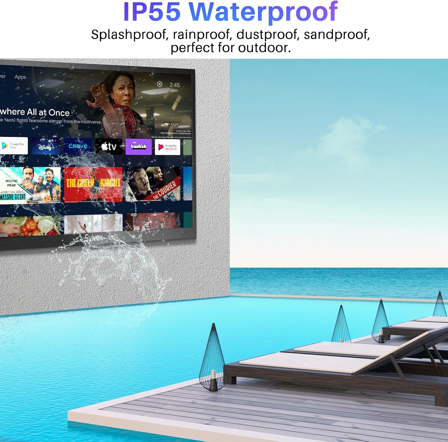 SYLVOX 43” Outdoor Smart TV with TV Mount, Outdoor TV 4K UHD, Voice Remote Control, Google Play Support Support Download APPs, Chromecast Built-in (Deck Pro Series)