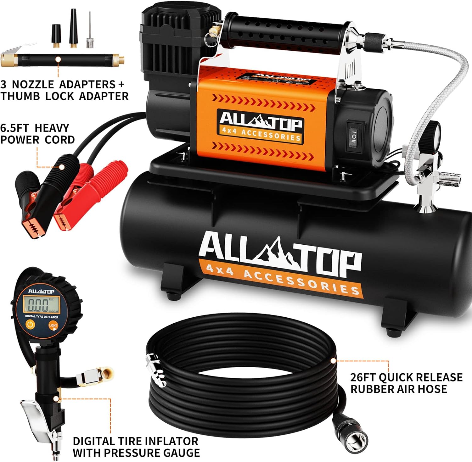 ALL-TOP Air Compressor with 6L Tank Kit,12V Portable Inflator & Oil-Free Steel Tank 6-Liter, Offroad Air Compressor for Truck Tires, Heavy Duty Air Compressor Max 150PSI for SUV 4x4 Vehicle RV Tire