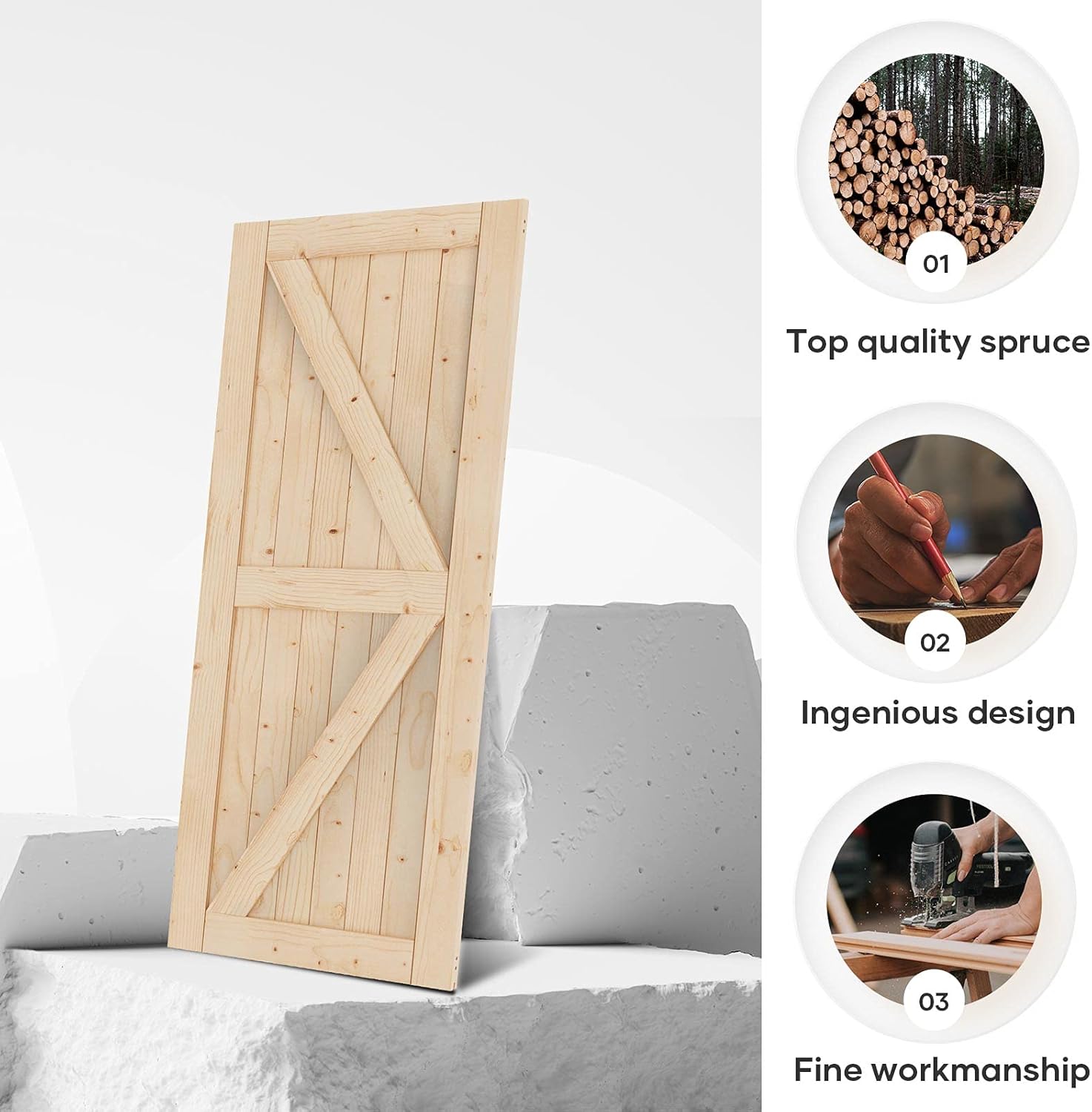 EaseLife 36in x 84in Sliding Barn Wood Door,Interior Doors,DIY Assemblely Unfinished Solid Natural Spruce Panelled Slab,Easy Install,Apply to Rooms & Storage Closet,K-Frame