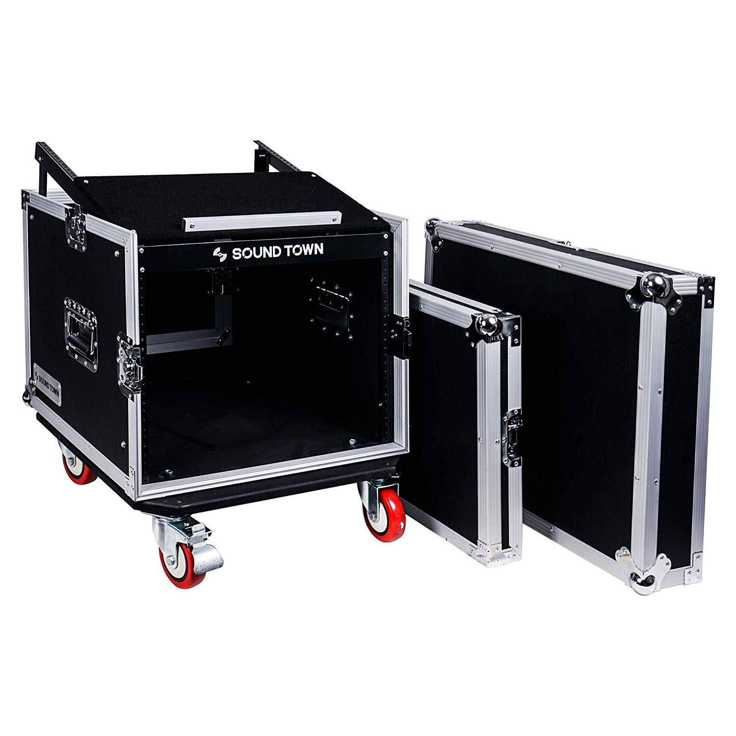 Sound Town 8-Space Pa/dj Rack/Road Case with Slant Mixer Top and Casters (STMR-8UW)