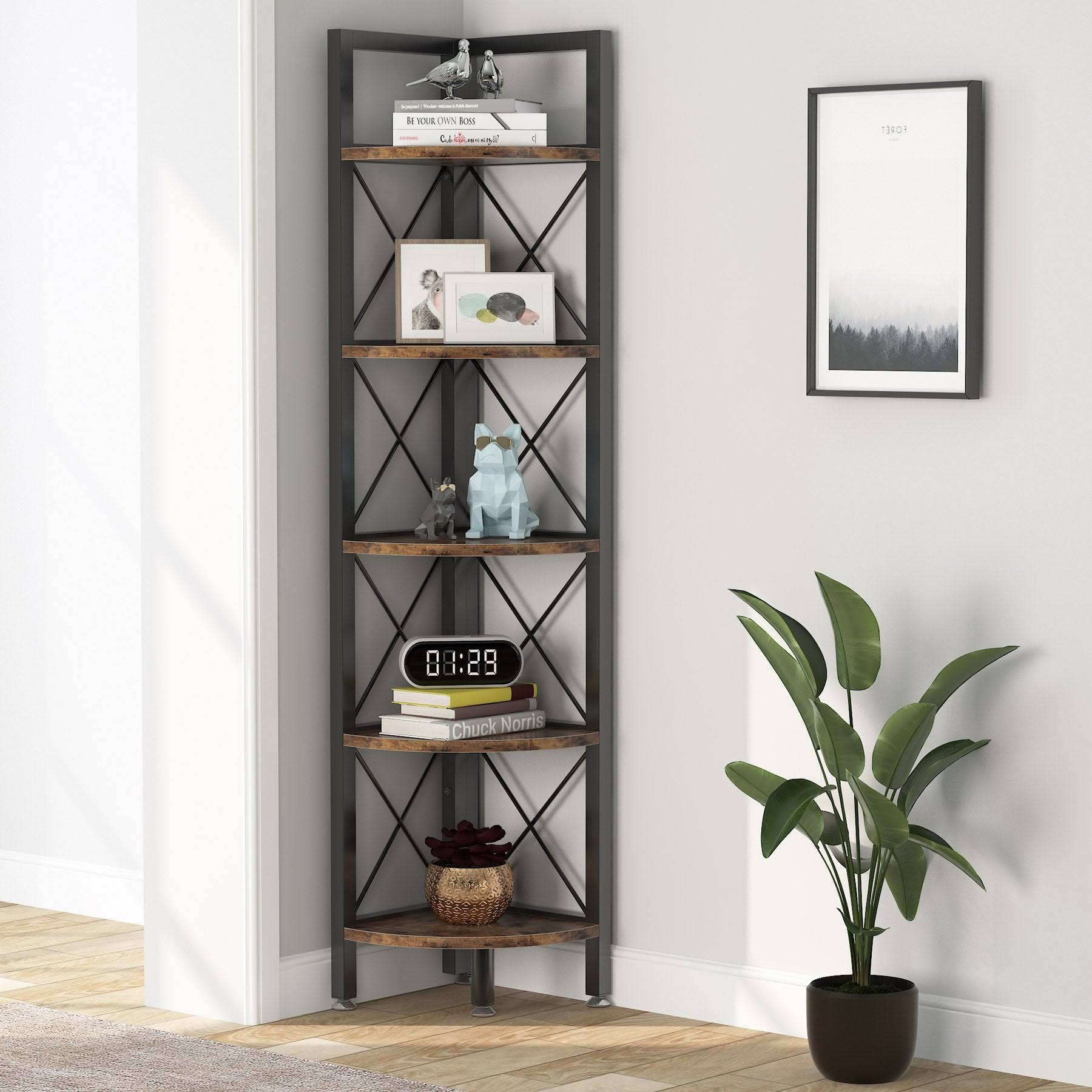 5-Tier Corner Shelves, 5 Shelf Corner Bookshelf and Bookcase - Black