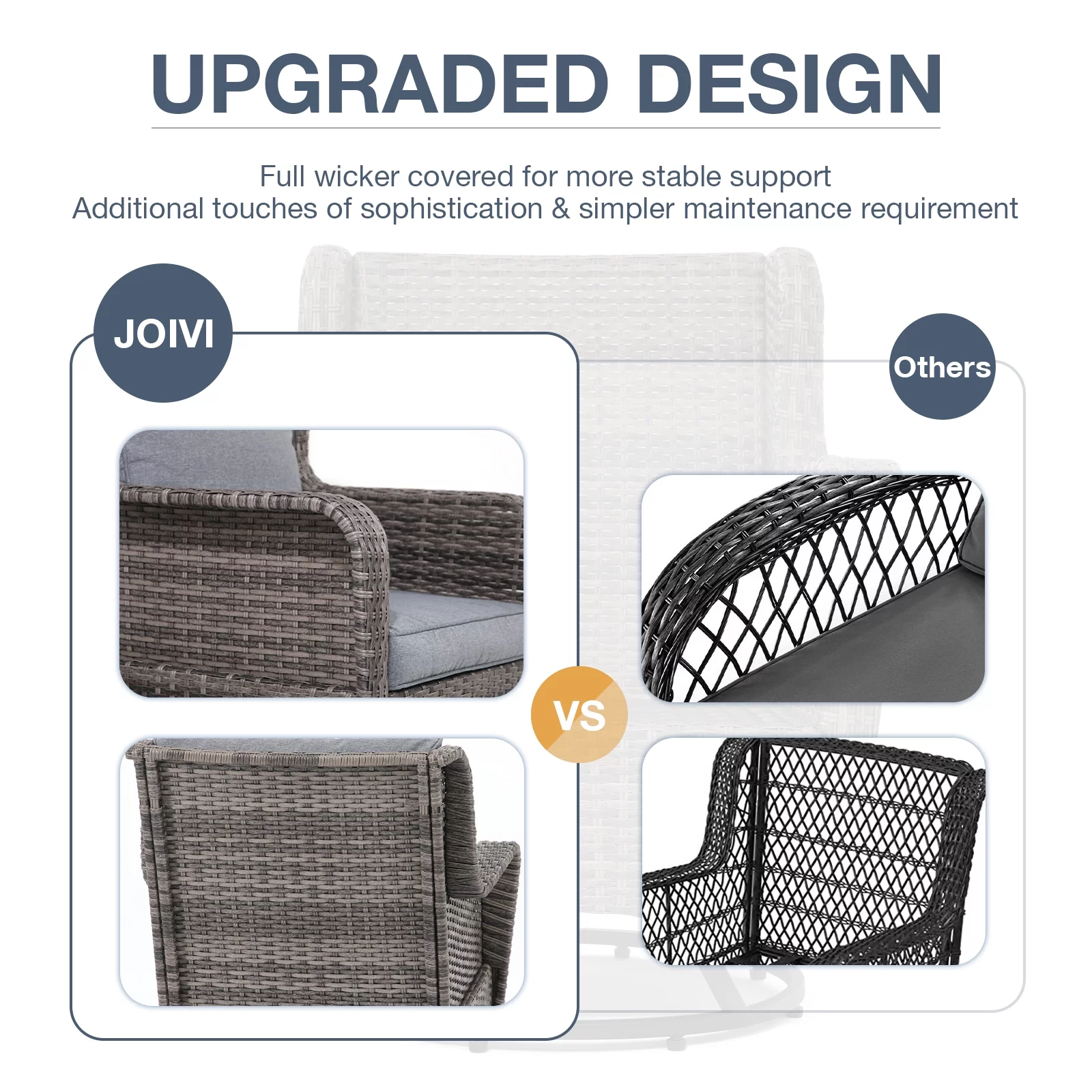 JOIVI Patio Swivel Rocker Set, Outdoor Wicker Swivel Rocking Chairs with Side Table, 3 Pieces All-weather Rattan Furniture Bistro Set with Thick Cushions, Iron Frame, Gray