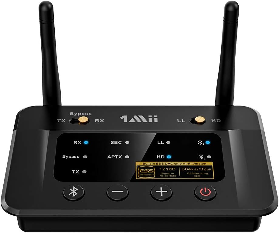 1Mii Bluetooth 5.0 Transmitter Receiver for Home Stereo TV, HiFi Wireless Audio Adapter with Audiophile ESS DAC & AptX HD/Low Latency, Long Range, Optical RCA AUX 3.5mm Outputs/Inputs