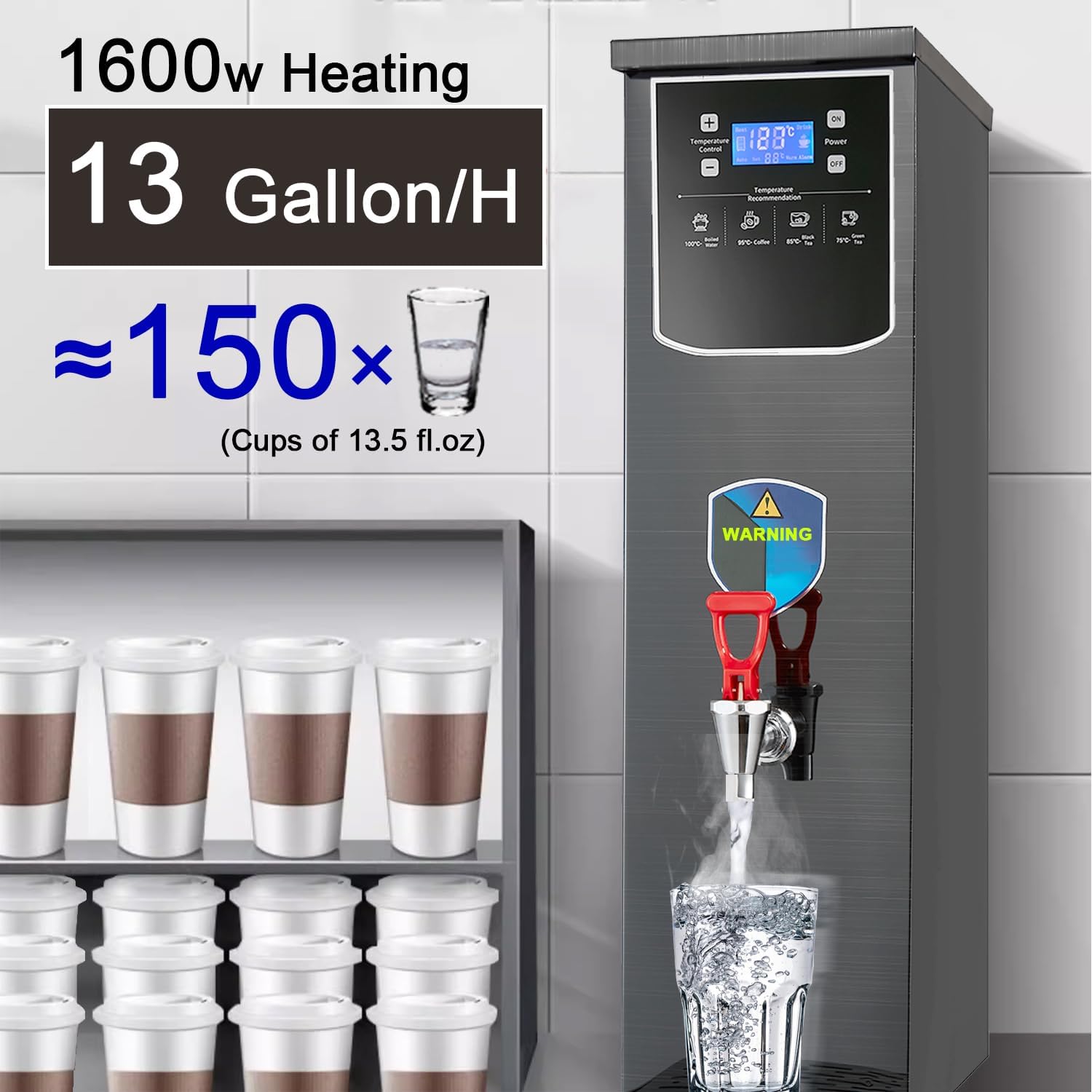 Hot Water Dispenser Commercial Water Boiler Electric Warmer Black Hot Water Machine, 50L/13Gal per Hour, Stainless Steel, Large Capacity, 1600W Fast Heating for Restaurant, Hotel, Office