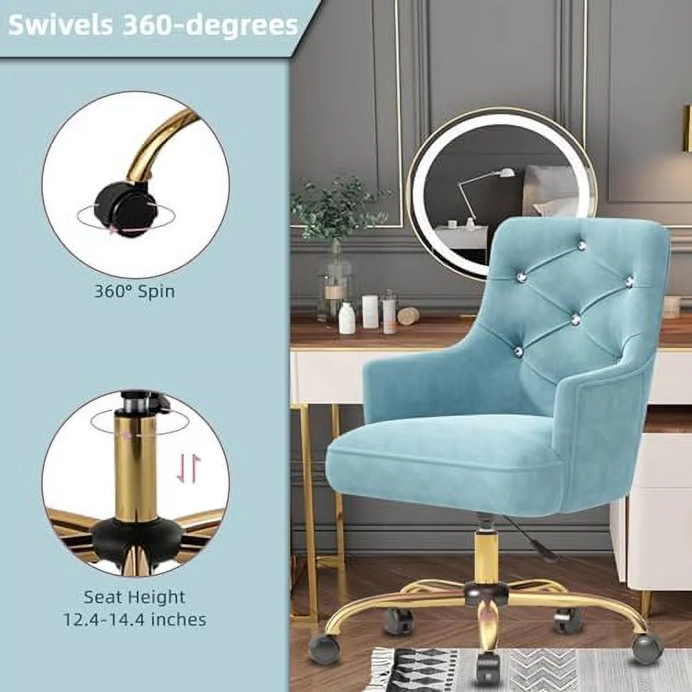 Blue Vanity Chair with Back  Velvet Desk Chair for Makeup Room  Cute Swivel Vanity Chair with Rolling Wheels  Blue Fluffy Desk Chair for  Office  Vanity Chair for Girls