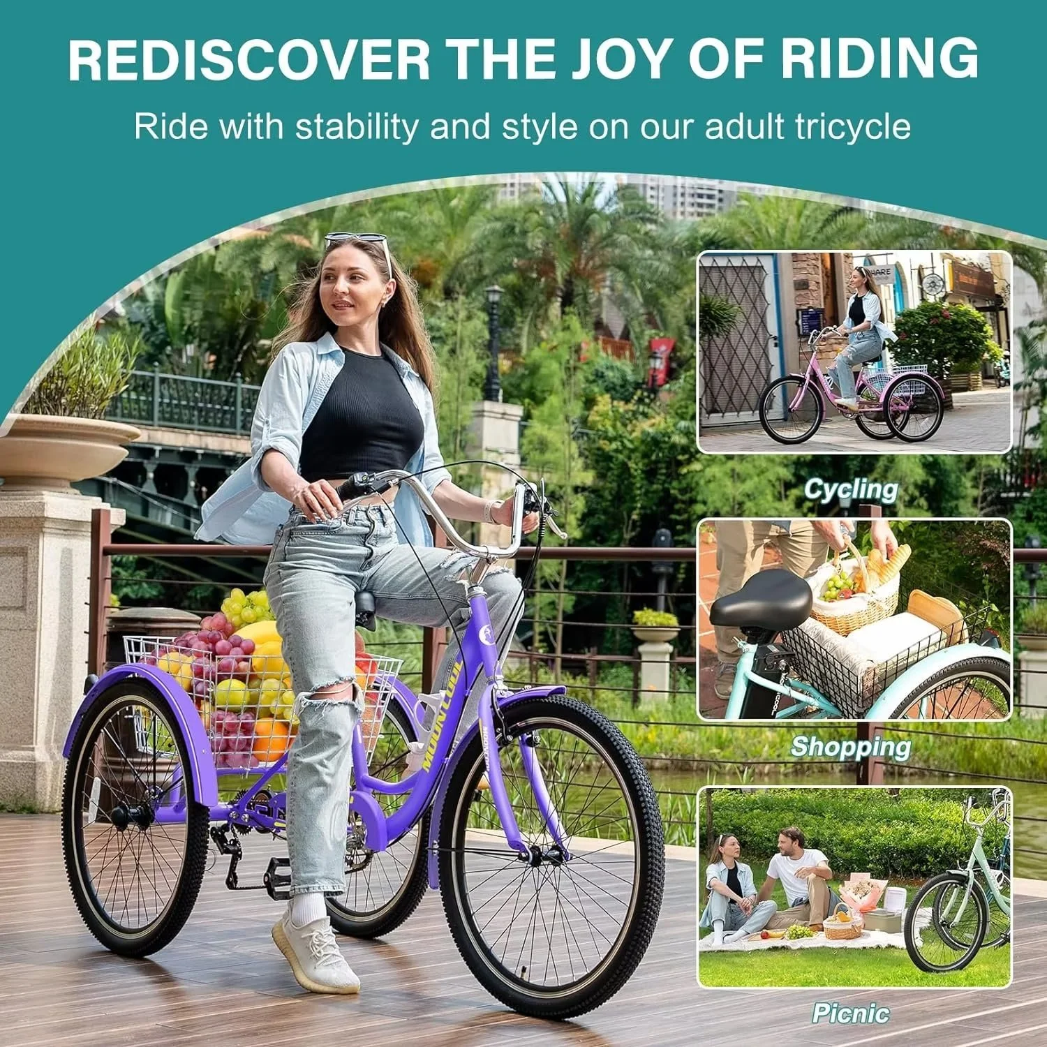 MOPHOTO Adult Tricycles 3 Wheel 7 Speed Trikes, 20/24/26 inch with Big Basket for Shopping, Picnics Exercise Men's Women's Senior's Trike