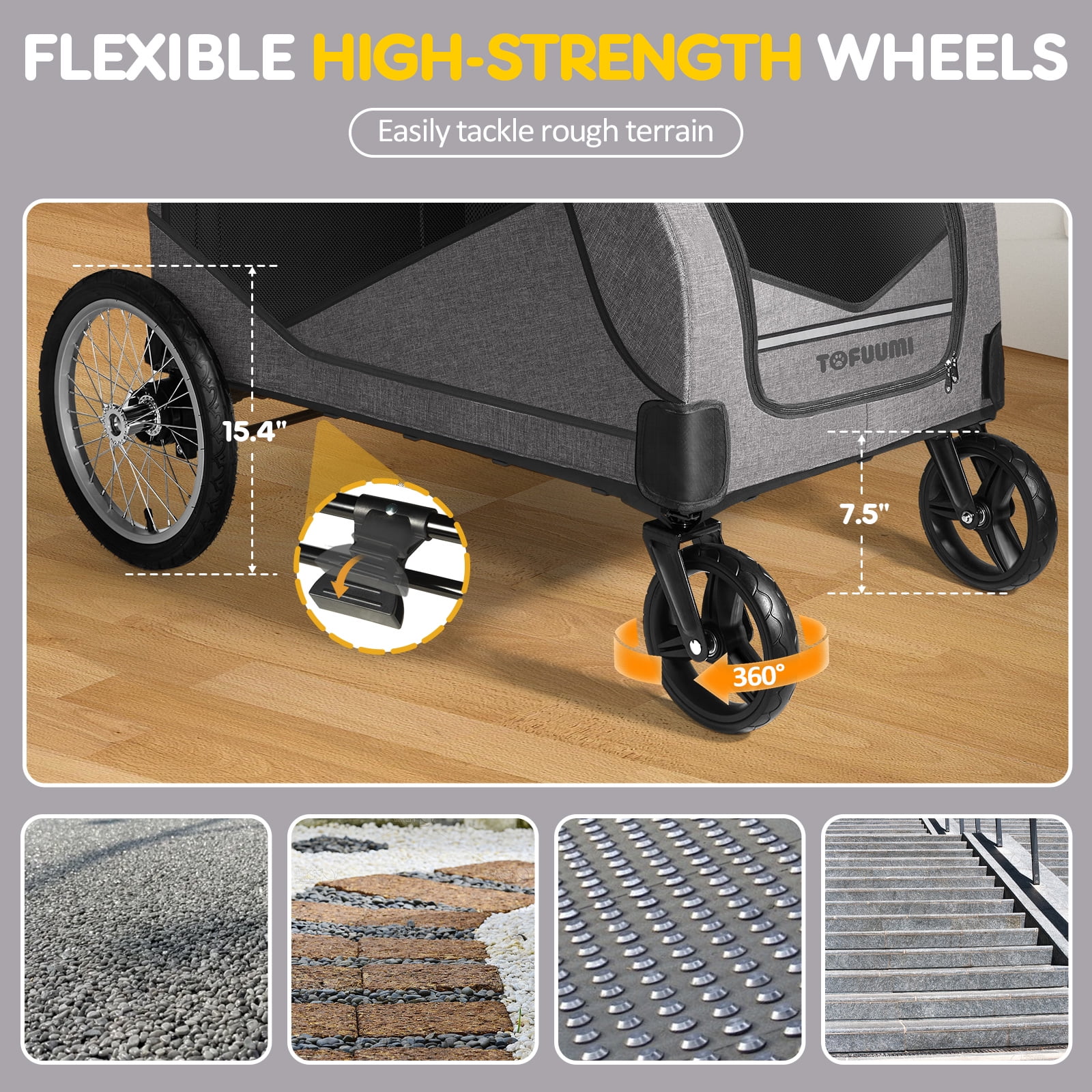 TOFUUMI 4 Wheel Dog Stroller, Folding Pet Stroller for Large Dogs,Up to 132 lbs, Gray - Curated Treasures Market