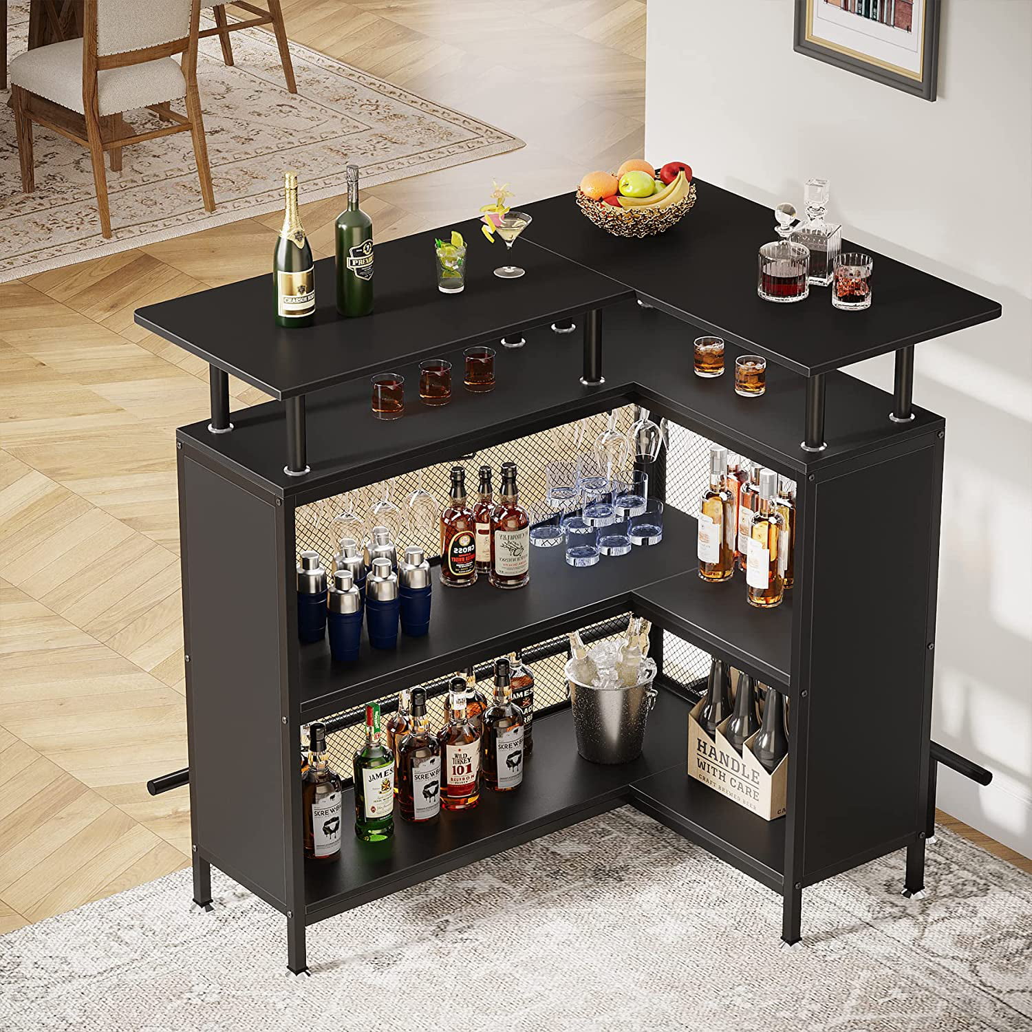 Tribesigns L-Shaped Home Bar Unit, Liquor Bar Table with 4 Stemware Racks and 2-Tier Shelves, Footrest for Home/Kitchen/Bar/Pub, Bar Table, Black