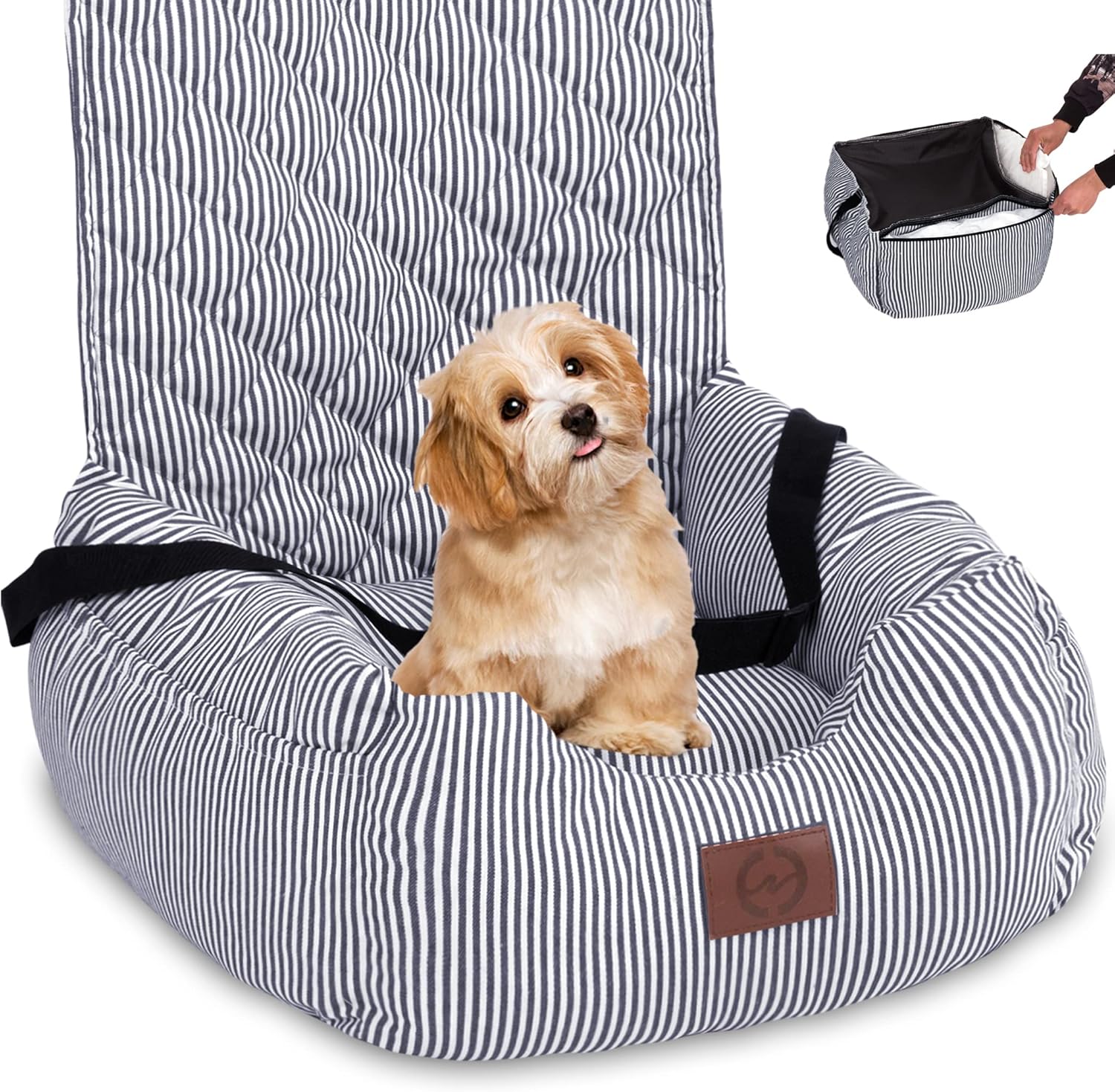 FAREYY Dog Car Seat for Small Dogs, Fully Detachable and Washable Pet Booster Seat Travel Safety Dog Seat Dog Bed for Car with Storage Pockets and Clip-On Safety Leash