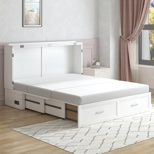 PUREMIND Queen Murphy Bed Cabinet with 2 Storage Drawers, Hideaway Murphy Chest Bed with Mattress, Cabinet Beds Wallbed with USB Charging Station for Bedroom, Guest Room