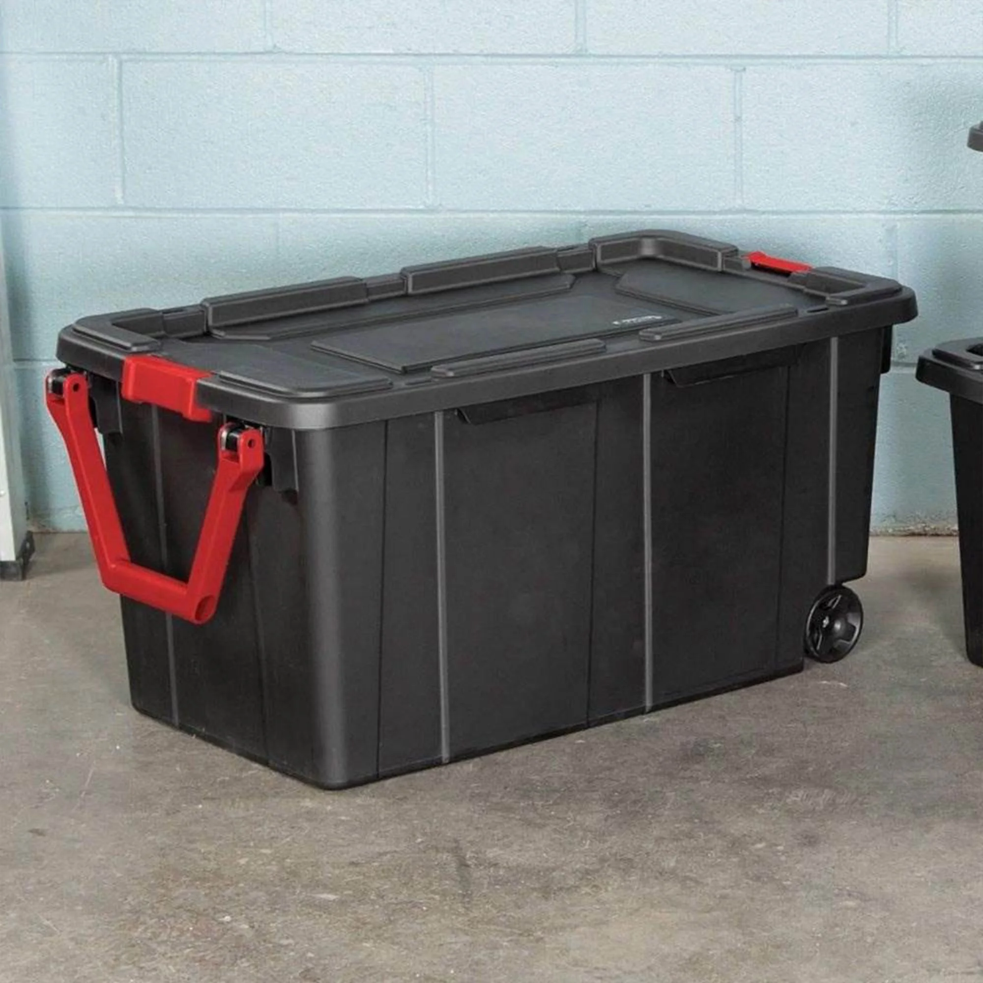 Sterilite Durable 40 Gallon Wheeled Industrial Storage Tote, Black (8 Pack)