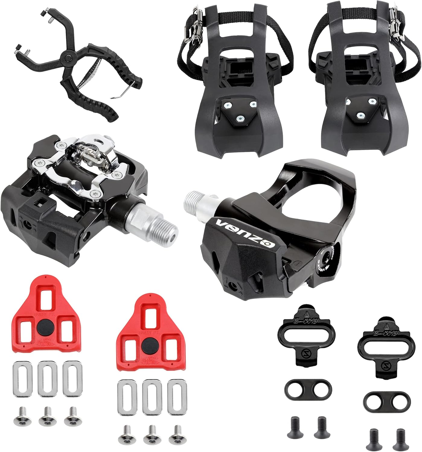 VENZO 3 in 1 Look Delta, Toe Cage, SPD Spin Bike Bicycle Pedals - Compatible with Peloton Shimano SPD - Fitness Exercise Indoor Cycling Pedals