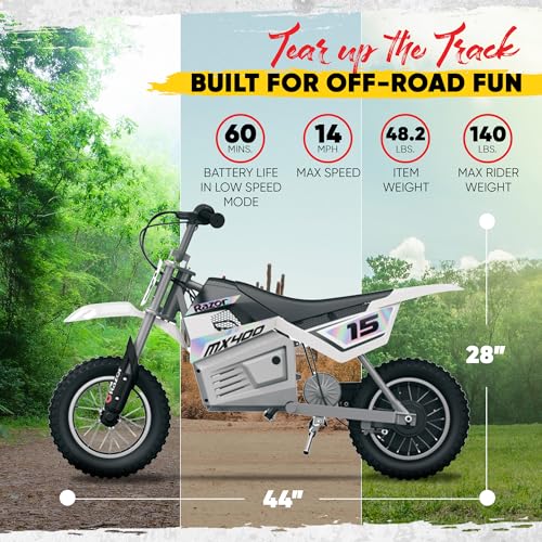 Razor MX400 Dirt Rocket - Electric-Powered Dirt Bike for Kids 8+, Up to 14 MPH, High/Low Speed Switch, Up to 60 Minutes Ride Time