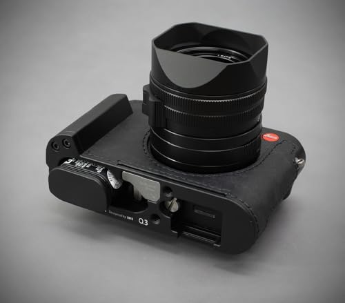 LIM'S Genuine Italy Leather Camera Half Case Metal Grip Dovetail Plate Handmade for Leica Q3 Q3 43 [All Black]