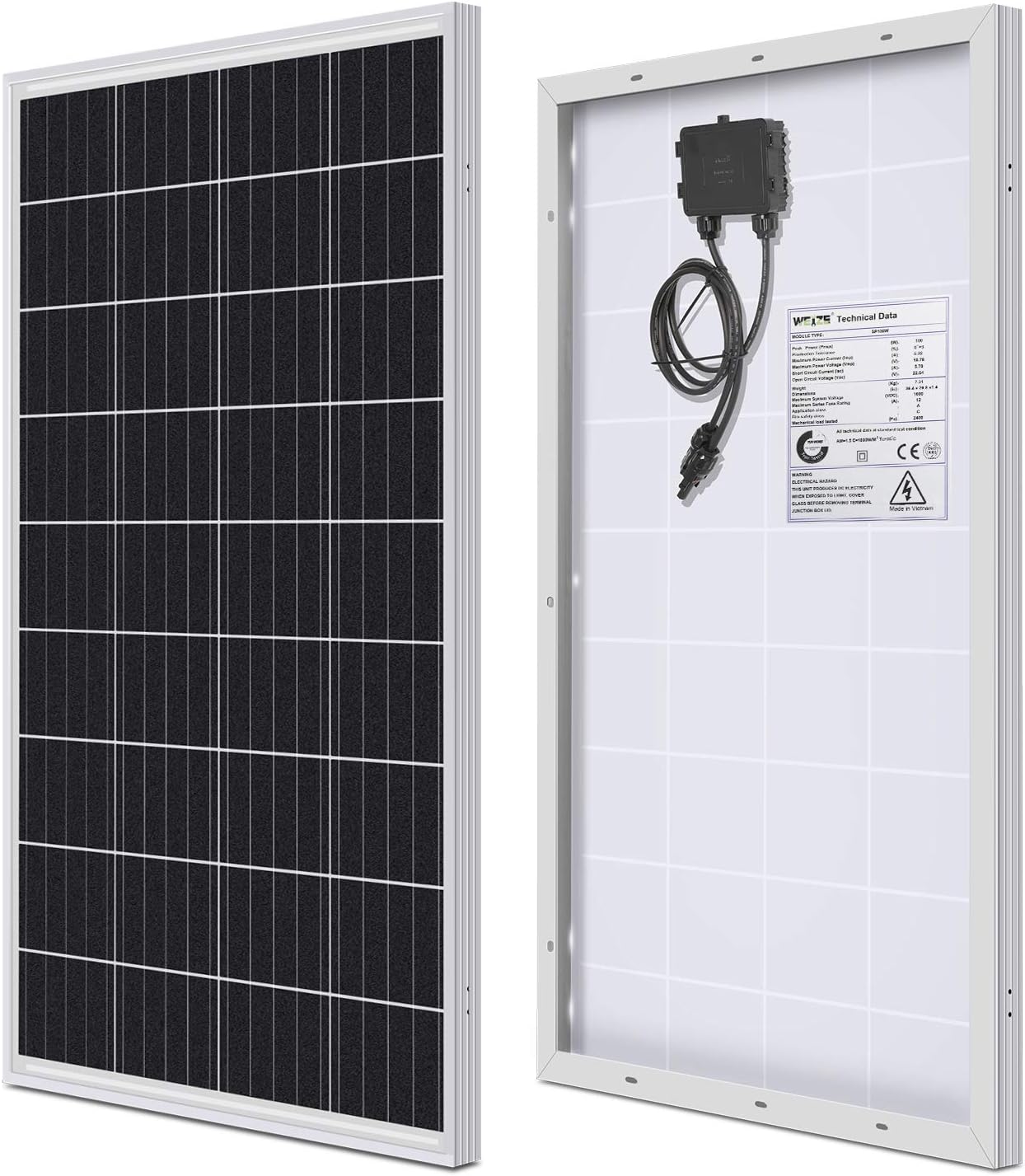 WEIZE 200 Watt 12 Volt Monocrystalline Solar Panel, 2 Pack of 12V 100W High-Efficiency Monocrystalline PV Module for Home, Camping, Boat, Caravan, RV, and Other Off-Grid Applications