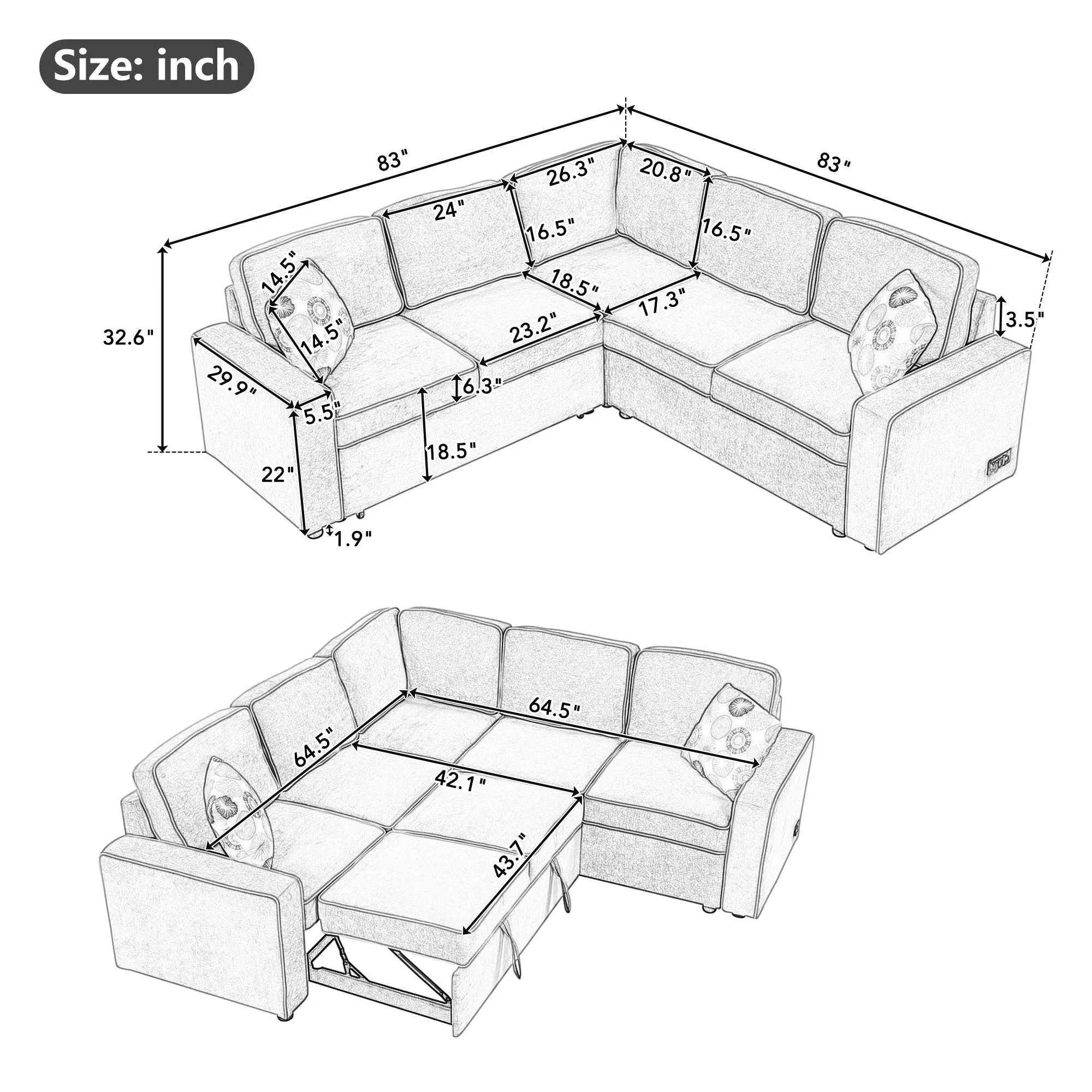 Euroco 5 Seat Pull Out Sofa Bed L-Shaped Sofa with 2 USB Ports, Sockets, Pillows, 83" Convertible Sleeper Sofa for Living Room, Bedroom, Office, Cream