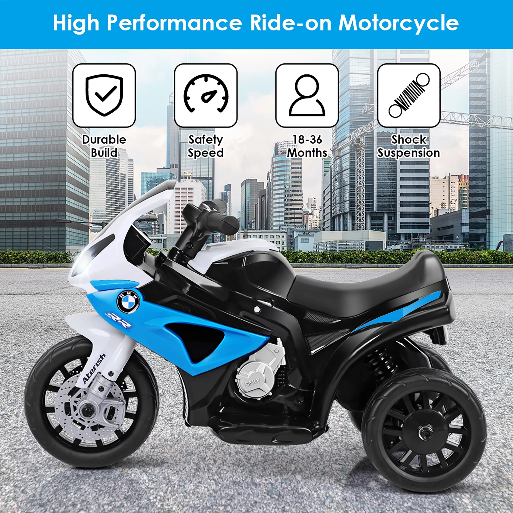 Costway Kids Ride On Motorcycle BMW Licensed 6V Electric 3 Wheels Bicycle with Music & Light (Suitable for 18-36 Months Age)