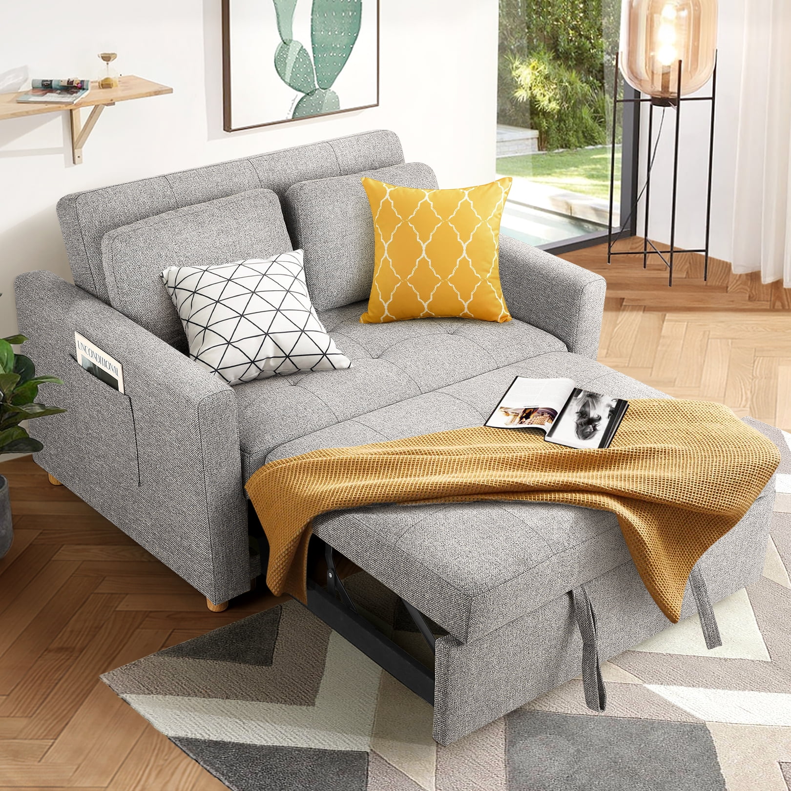 SEJOV Pull Out Sofa Bed 2 Seater Loveseats, Convertible Linen Sleeper Sofa Bed for Small Space with Adjsutable Backrest & Spring Support, Gray