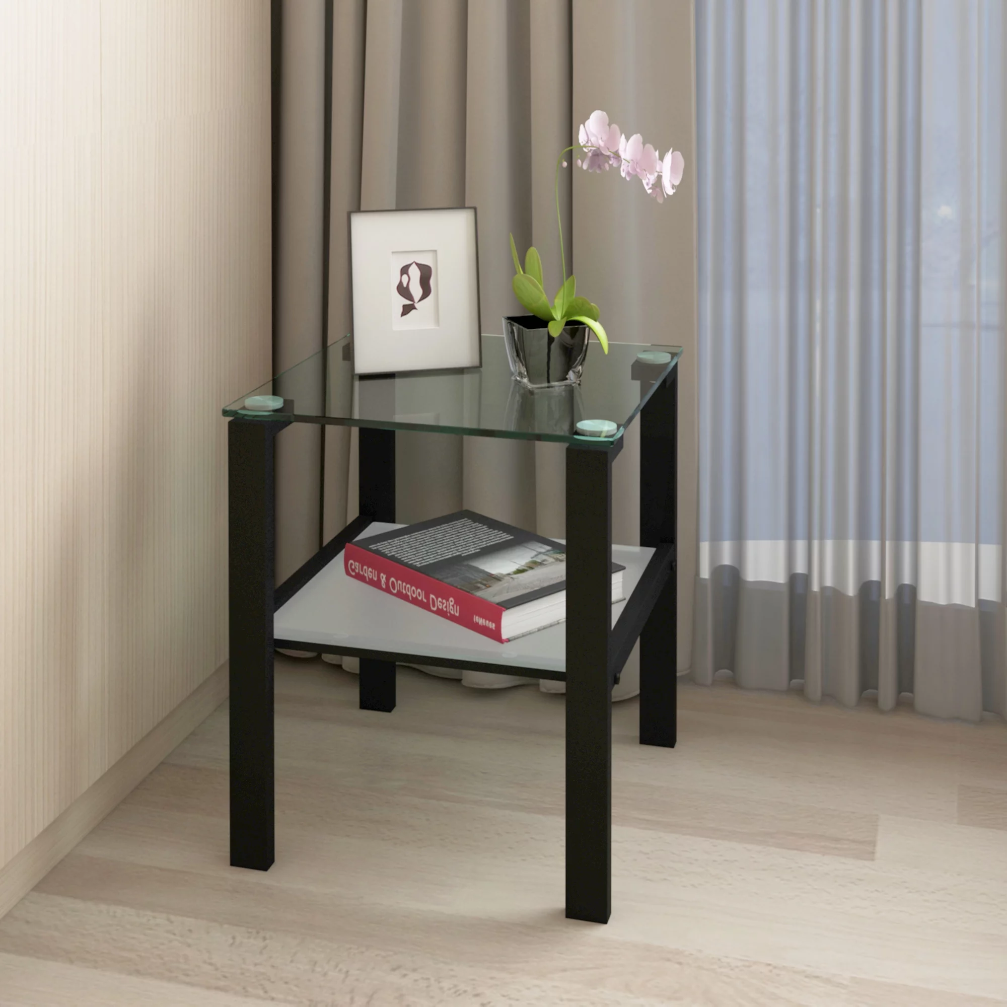 Ufurpie Set of 2 Tempered Glass End Table,Tea Table,Coffee Table,Square Side Table for Living Room,OfficeBlack
