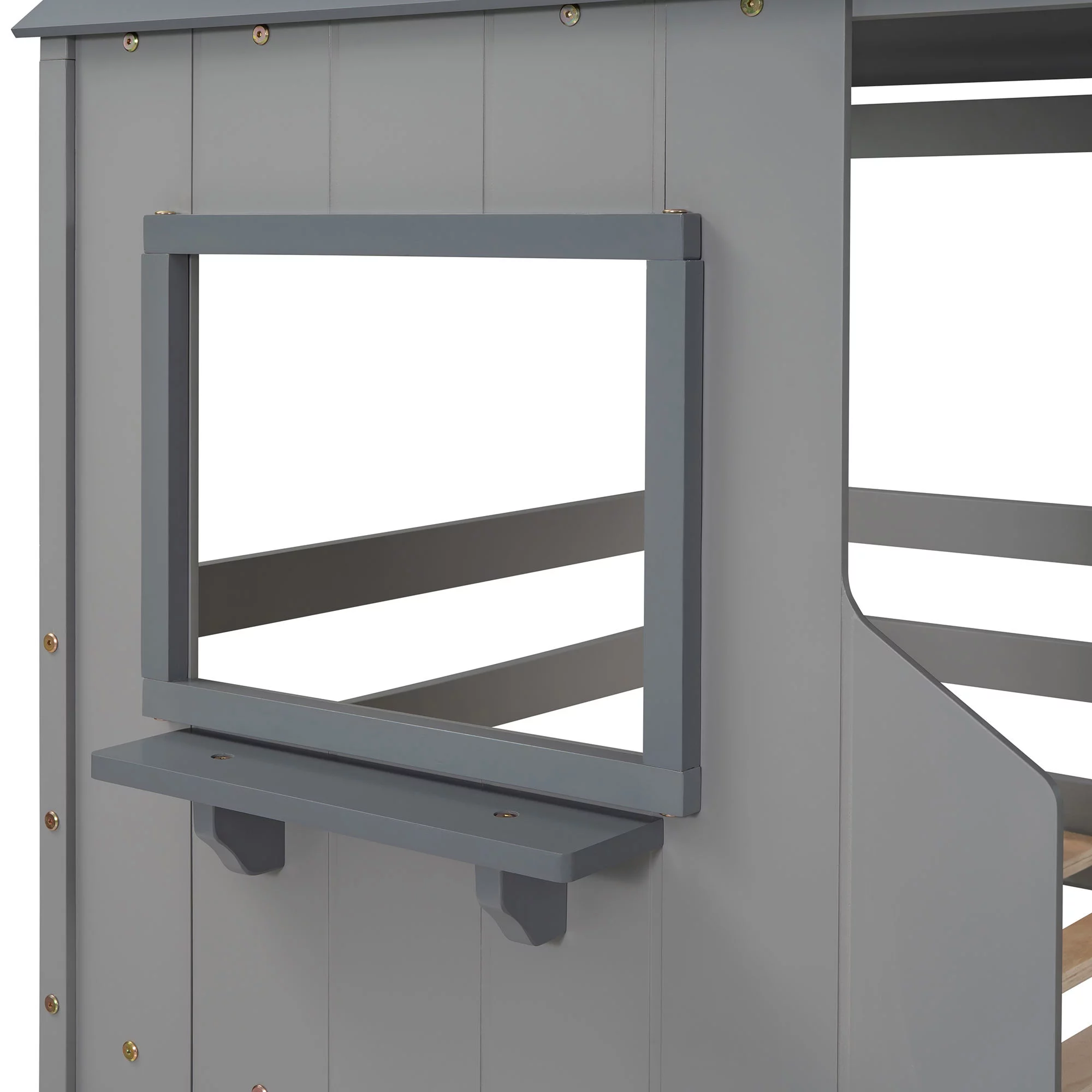 Bellemave Kids Bunk Bed Twin Over Twin, Wooden House Bunk Bed with Roof and Windows, Floor Bunk Beds for Kids Teens Girls Boys, No Spring Box Required (Gray)