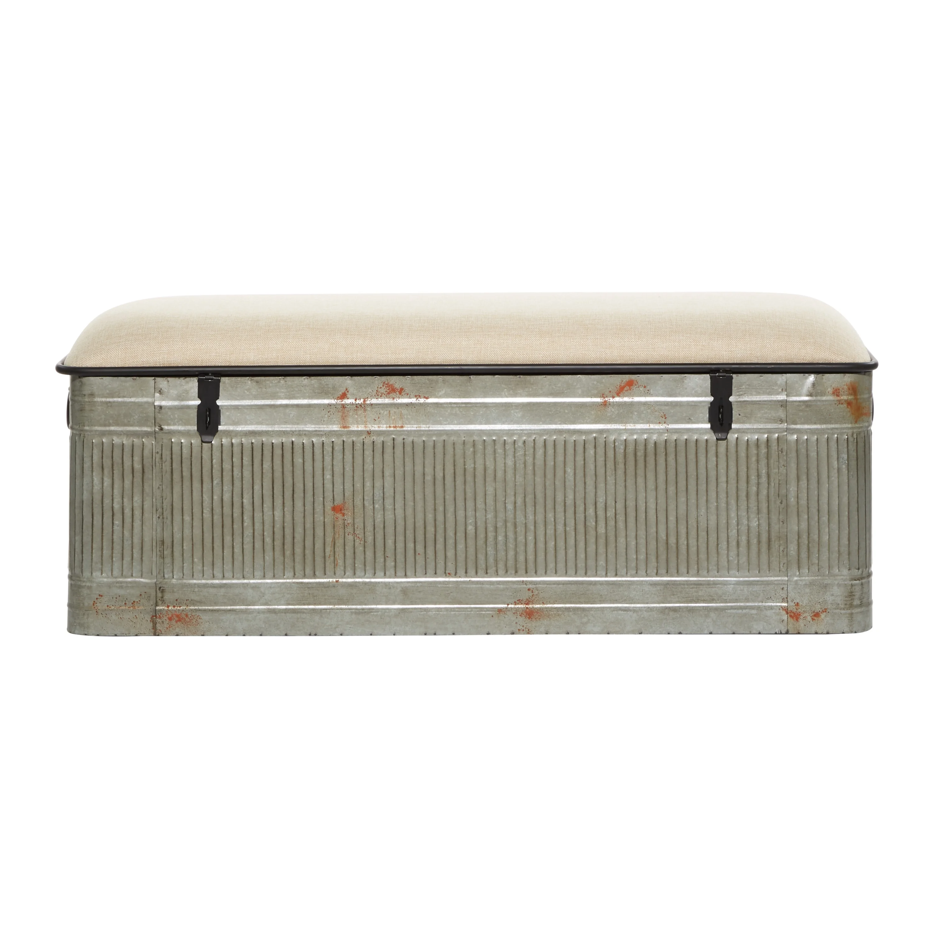 DecMode Metal Galvanized Storage Bench with Cream Burlap Top, Gray