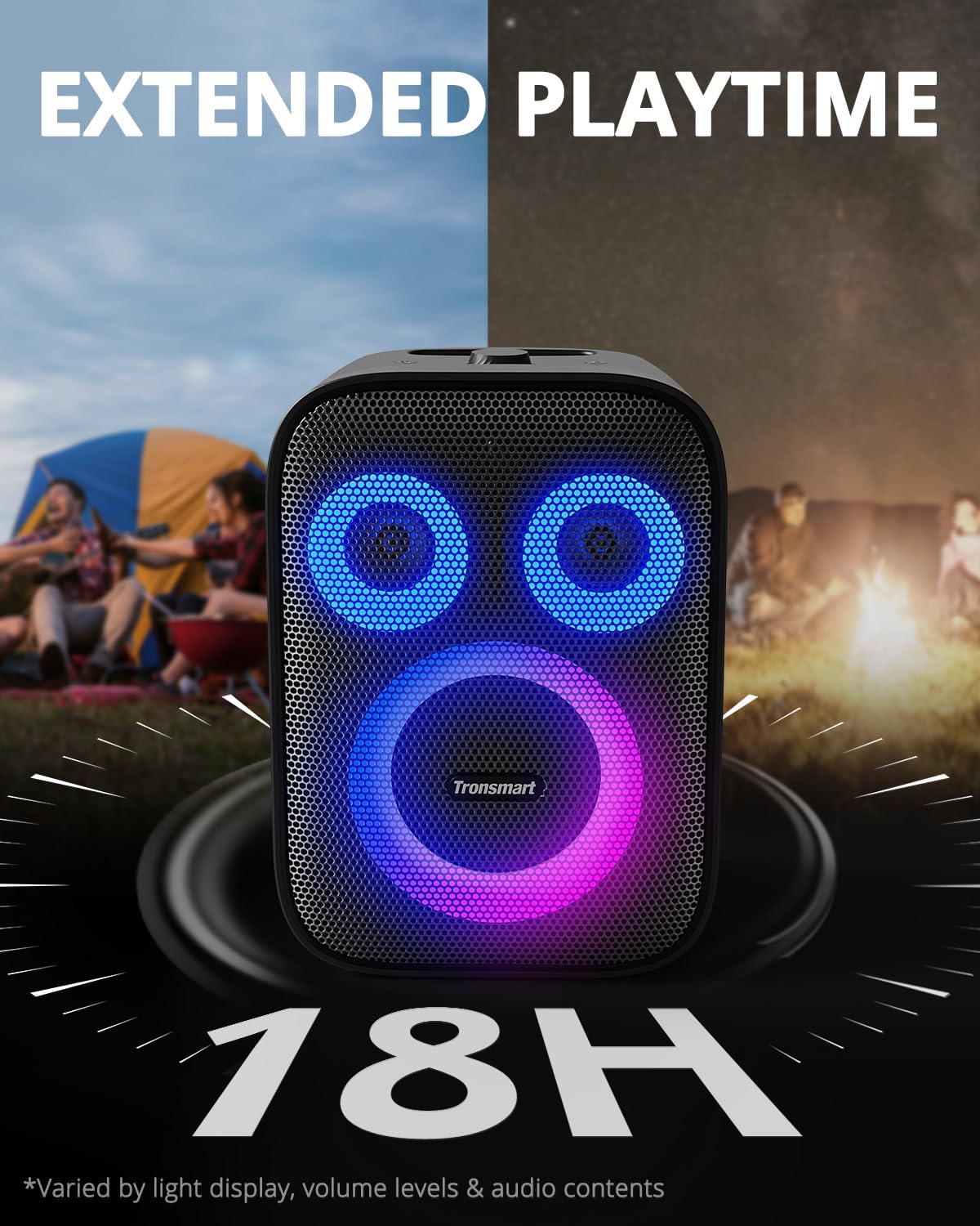 Tronsmart Halo 200 Bluetooth Speaker(No Microphone), Loud Speaker with Powerful Sound and Deep Bass, Party Sync, 5 Lighting Modes, Custom EQ &Lights, 18H Playtime, Supports Mic & Guitar for Party