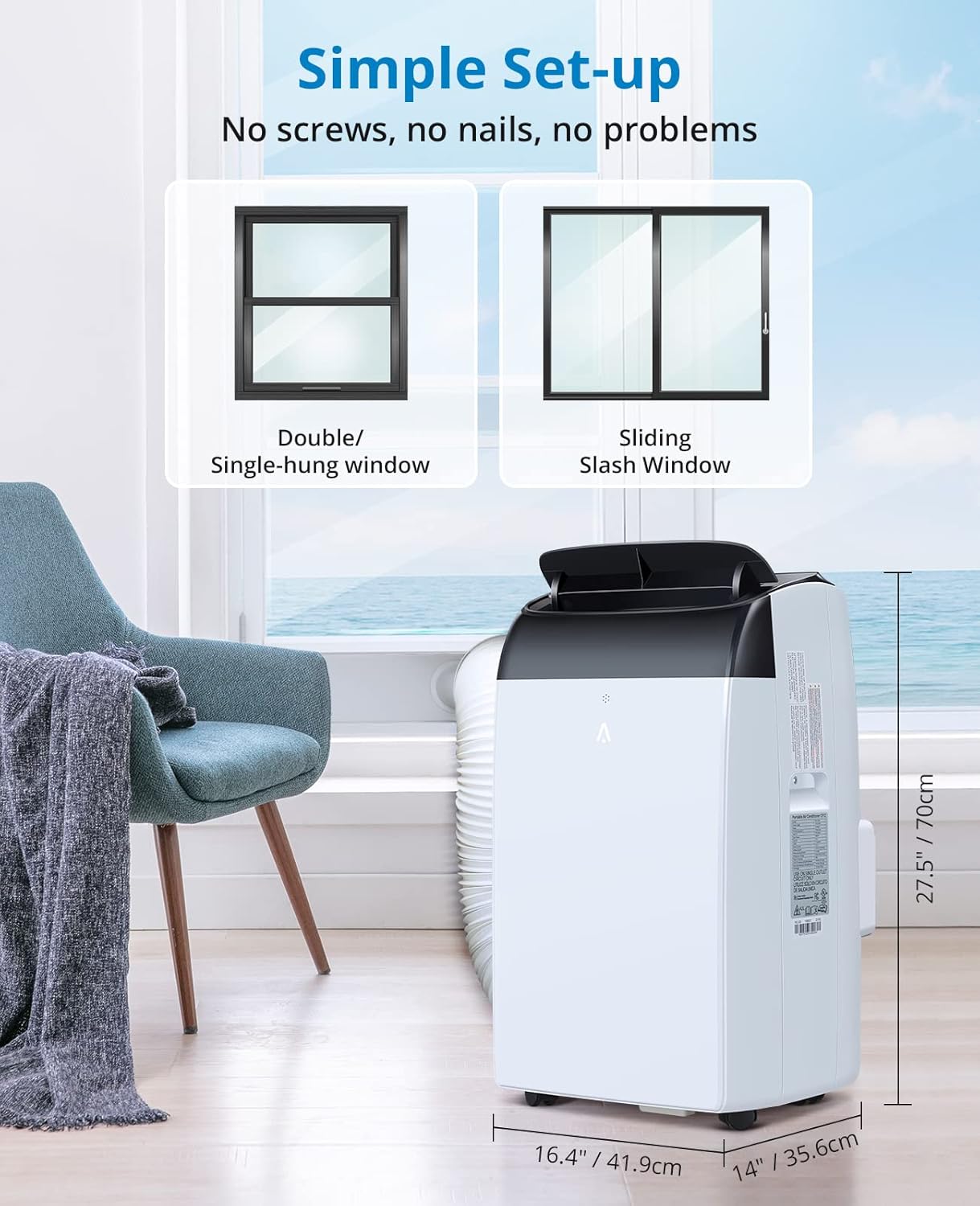 12000 BTU Portable Air Conditioner, Portable AC with Remote Control for Room up to 550 Sq. Ft, Floor Room AC Unit with Cool, Dehumidifier, Fan Mode, Black Top Cover