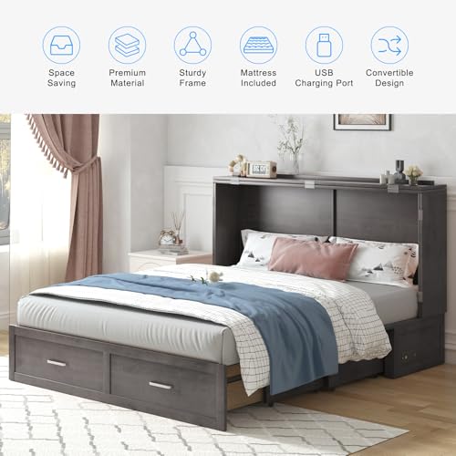PUREMIND Queen Murphy Bed Cabinet with 2 Storage Drawers, Hideaway Murphy Chest Bed with Mattress, Cabinet Beds Wallbed with USB Charging Station for Bedroom, Guest Room