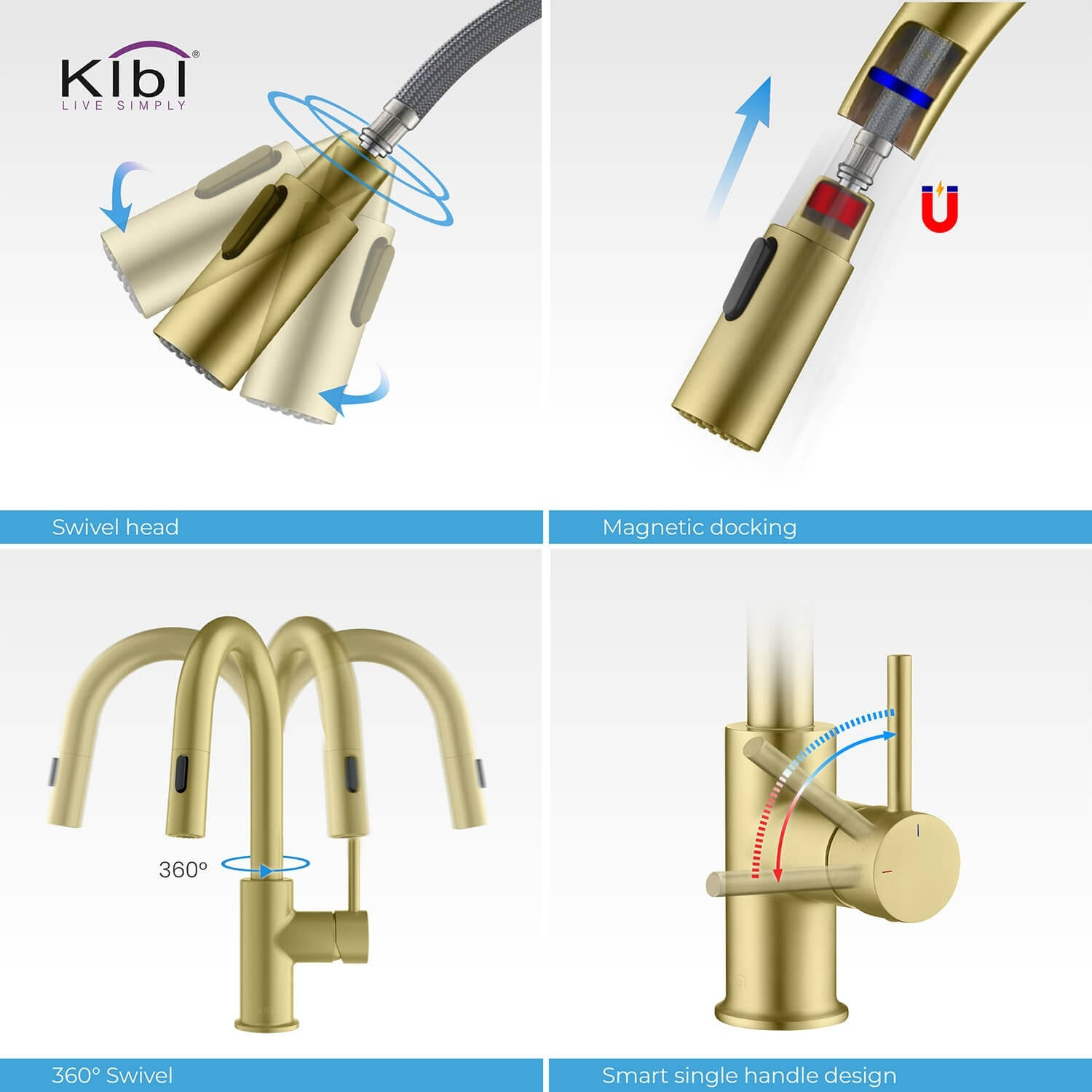 KIBI Single-Hole Pull-Down Nickel Kitchen Faucet with Sprayer and Magnetic Docking