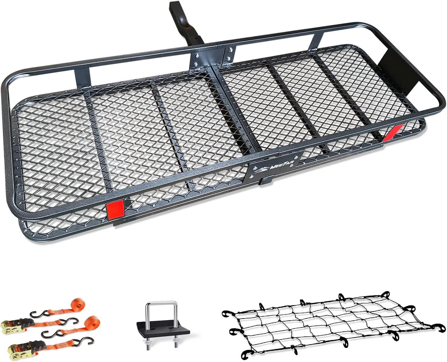 MeeFar Folding Hitch Mount Cargo Carrier Basket 60" X 20" X 6", Hauling Weight Capacity of 500 Lbs and A Folding Arm. with Hitch Stabilizer, Net and Straps