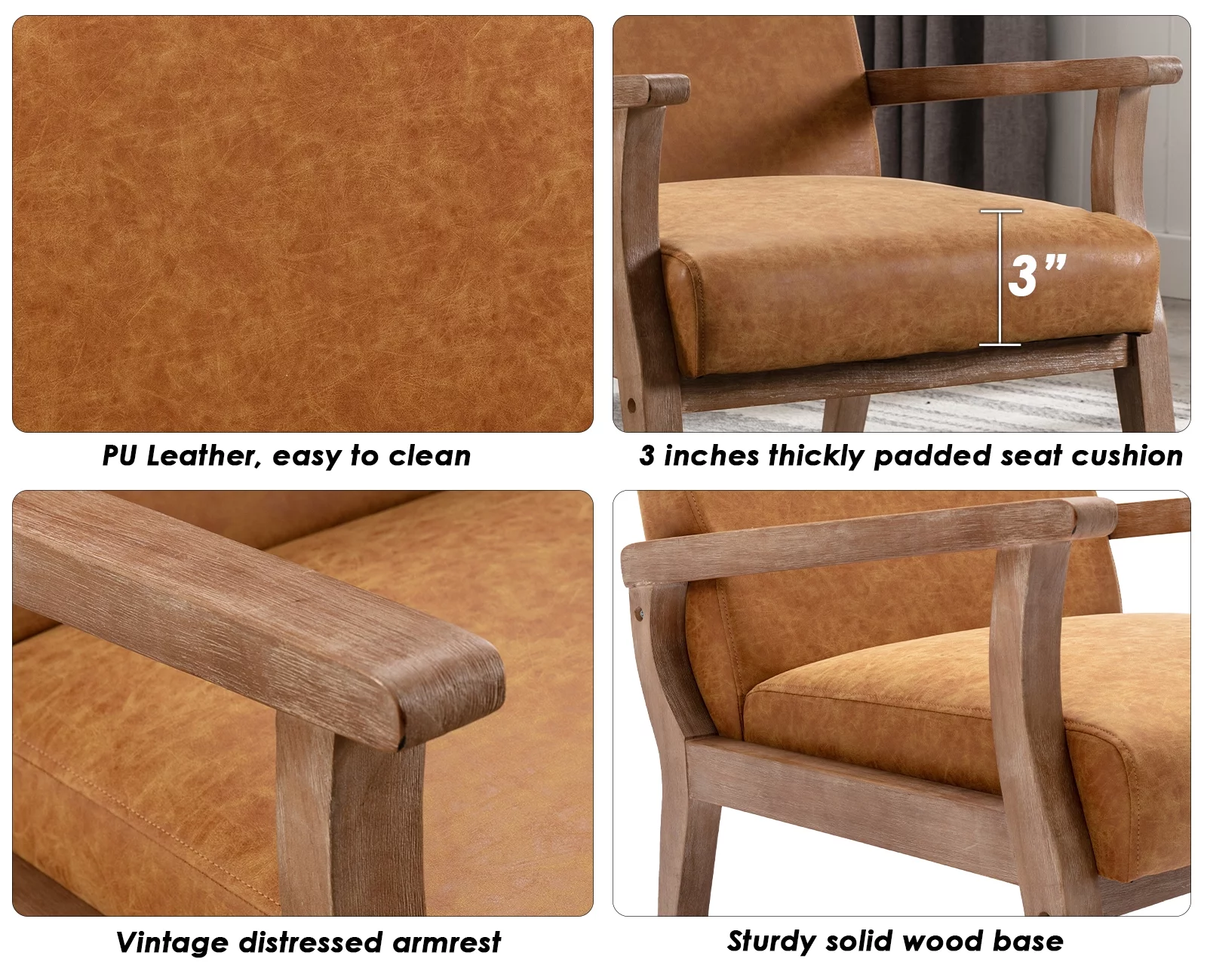 Guyou Wooden Accent Chair, Modern Faux Leather Upholstered Reading Armchair for Living Room Bedroom Study, Tan