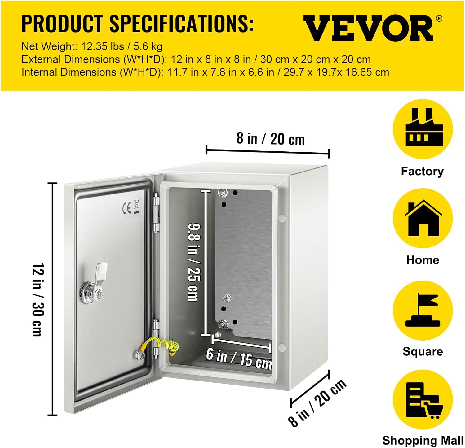 VEVOR NEMA Steel Enclosure, 12 x 10 x 6'' NEMA 4X Steel Electrical Box, IP66 Waterproof & Dustproof, Outdoor/Indoor Electrical Junction Box, with Mounting Plate
