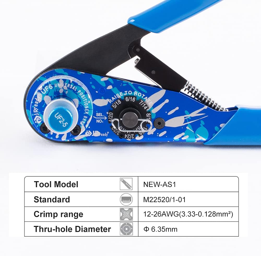 JRready ACT-M201 8 indent crimping tool design according M22520 1 01 for heavy duty circular rectangular electrical connector 38999 26482 etc. wire 12-26 awg 12 16 20 solid barrel contact