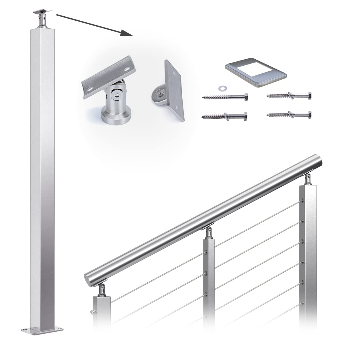 Muzata Cable Railing Post Square 36"x2"x2" Stainless Steel Brushed Finishing Pre-Drilled Post Surface Mount for Wood Concrete Level Deck Stair Balustrade fit Invisible kit PS01 LH4S, PT1 PT2 PT6