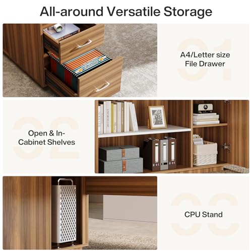 Tribesigns 85.8-Inch L-Shaped Executive Desk with File Drawers, Door Cabinet & Shelves, Extra Large Commercial Office Desk, Modern Professional Office Table, White & Brown Business Furniture