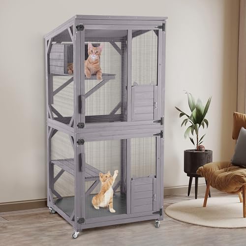 Catio Outdoor Cat Enclosure,Cat House with Wheels,Upgraded cat Scratching Post，Resting Box,Waterproof Roof for Patio Garden (Grey, 31.5" L x 31.5" W x 70.9" H)