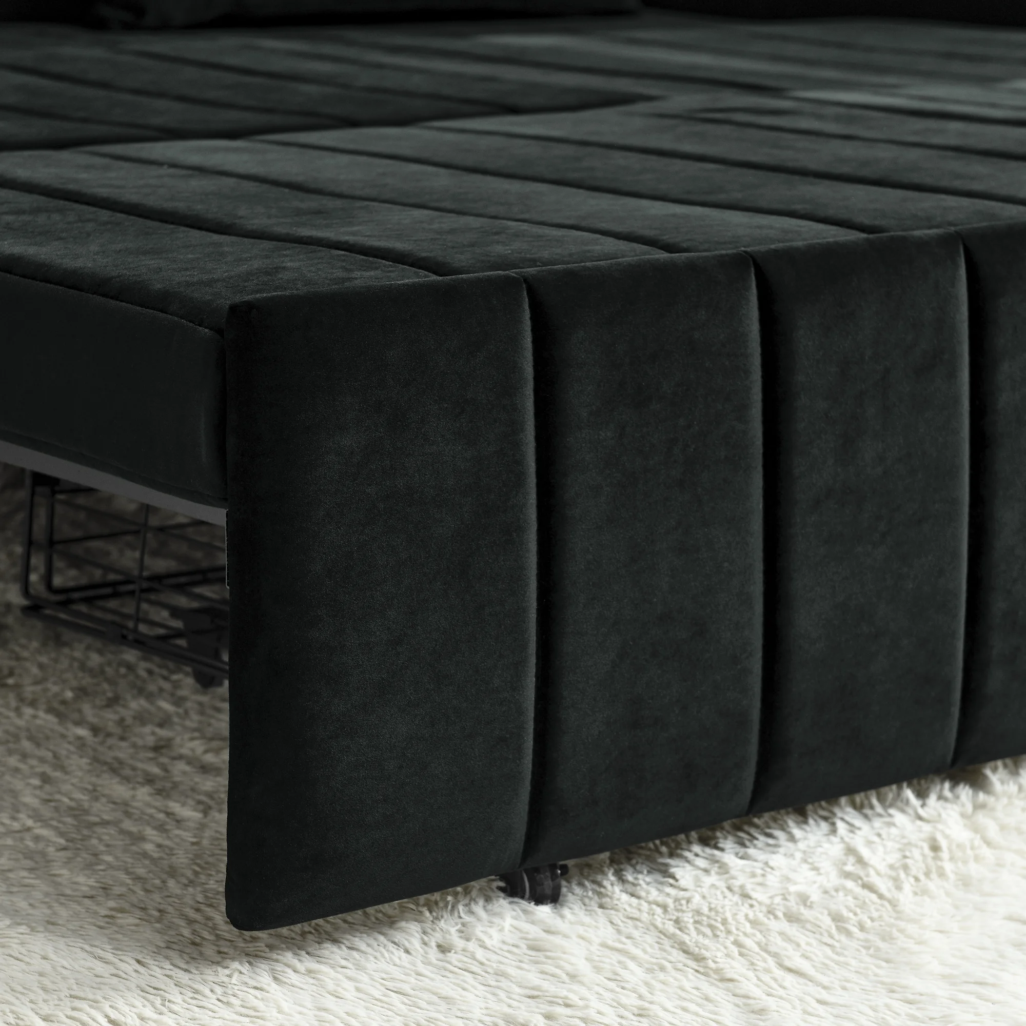 3-in-1 Convertible Sleeper Sofa Bed,Pull-Out Bed Sleeper with Rolled Arms Decorated with Copper Nails,Modern Upholstered 3 Seats Sofabed with Two Drawers and Two Pillows,Black