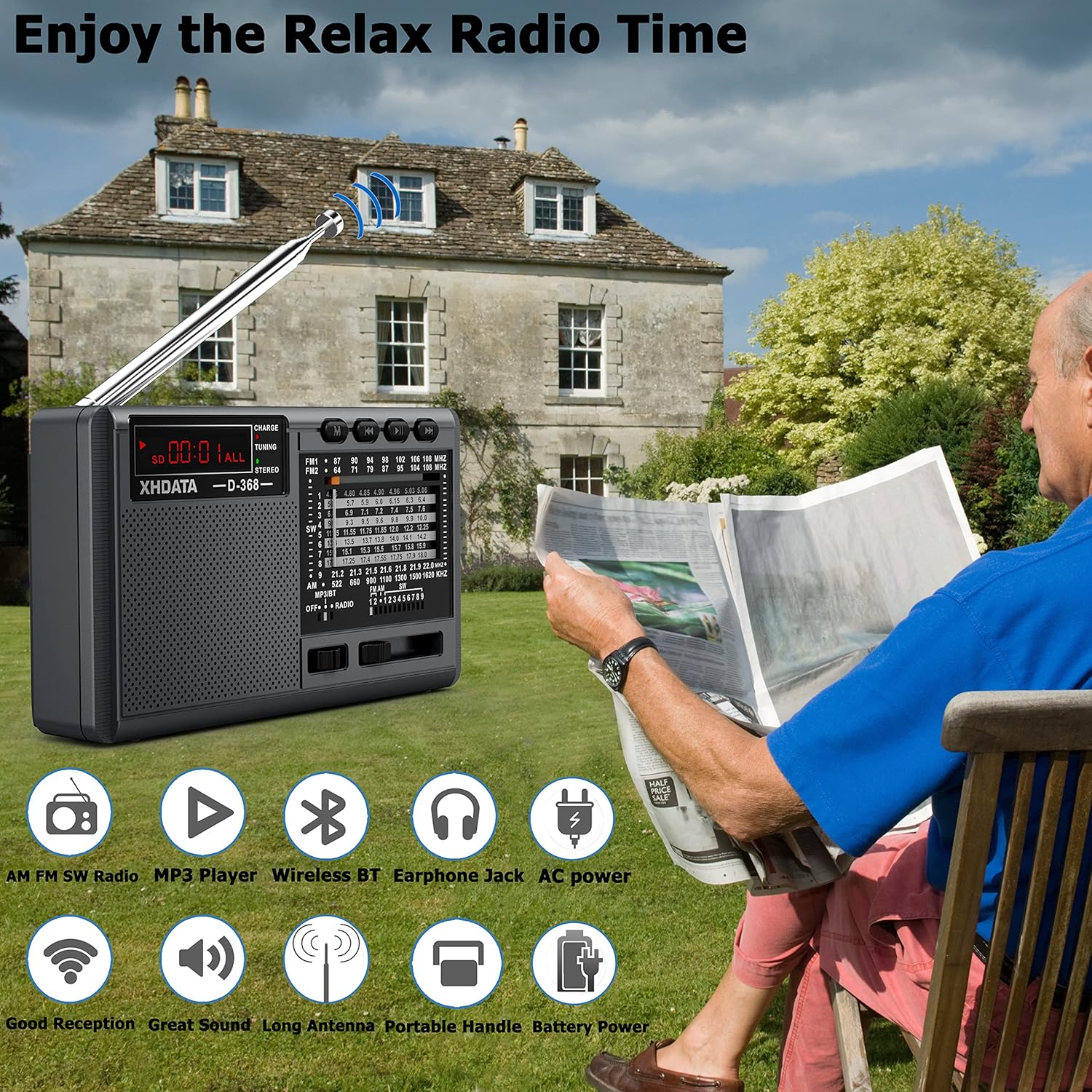 XHDATA D368 Portable Shortwave Radio FM AM SW 12 Band DSP Stereo Radio MP3 Player Wireless Bluetooth Speaker with High Sensitivity Reception Support Micro SD Card and USB Good for Parents