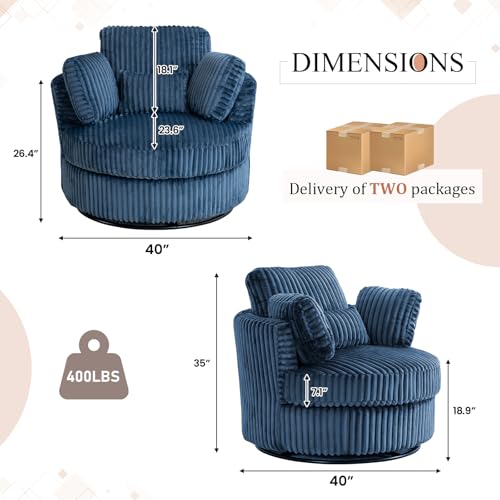 Chair and A Half with Ottoman, 360° Swivel Accent Barrel Chair Modern Comfy Round Reading Sofa Swivel Chairs Circle Lounge Chair for Bedroom Living Room w/4 Pillow Lower Seating Heigh (White, Large)
