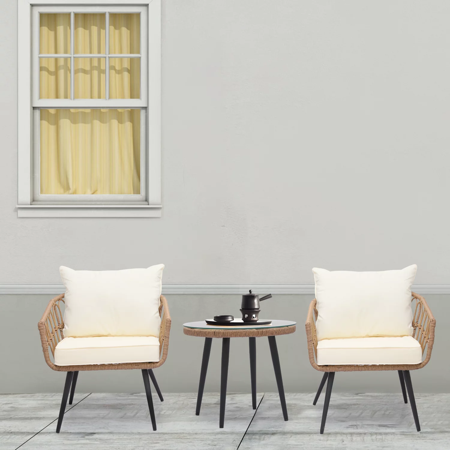 Magshion 3 Pieces Outdoor Patio Furniture Rattan Wicker Table & Chairs Set, Conversation Bistro Set with Tempered Glass Tabletop, Pillow & Cushion for Porch Balcony Backyard, Natural