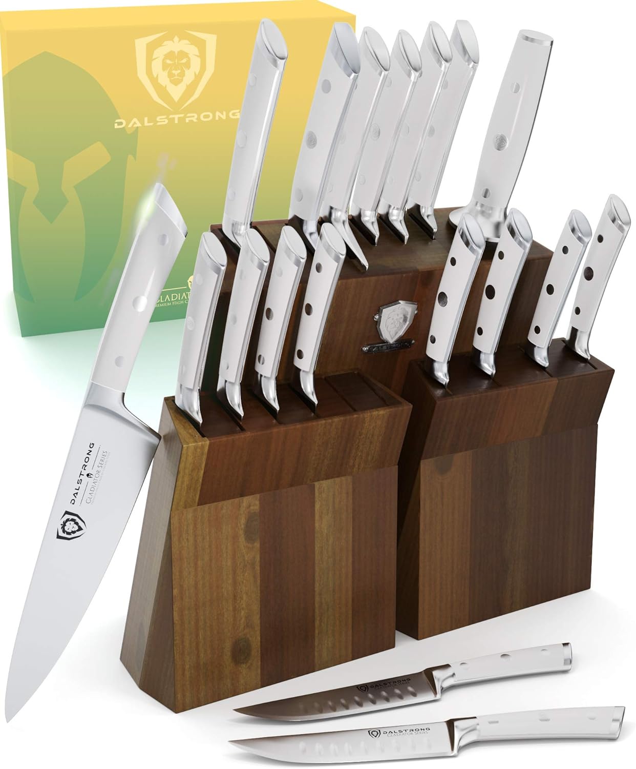 DALSTRONG Knife Block Set - 8 Piece - Gladiator Series - German HC Steel Knives - Acacia Wood Stand - Black ABS Handles - Kitchen Knife Set - Cutlery Set - NSF Certified