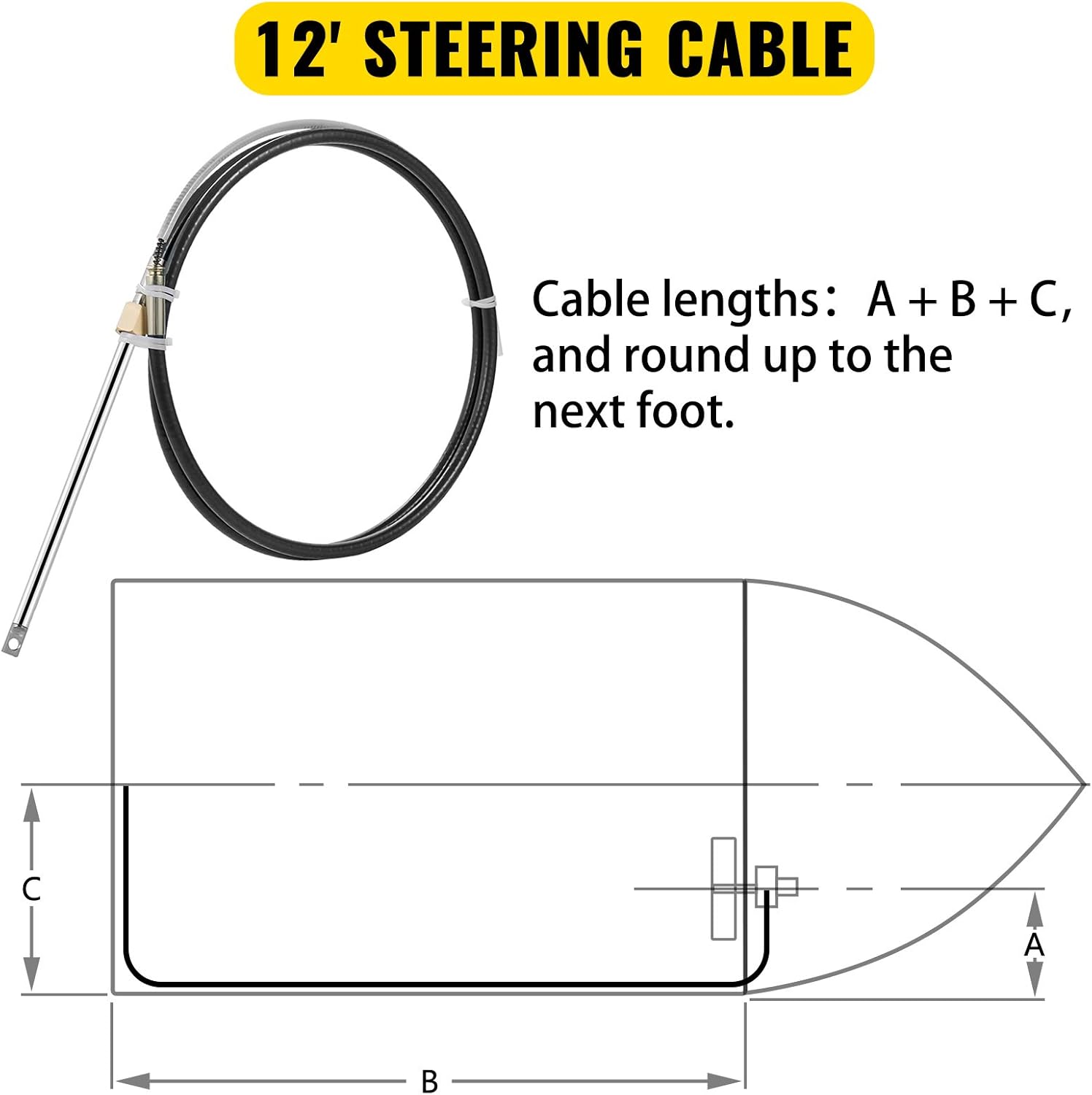 Bestauto Boat Steering Cable 12' Outboard Steering Cable 12 Feet Mechanical Rotary Steering Kit with 13 Inch Wheel for Boat Steering System