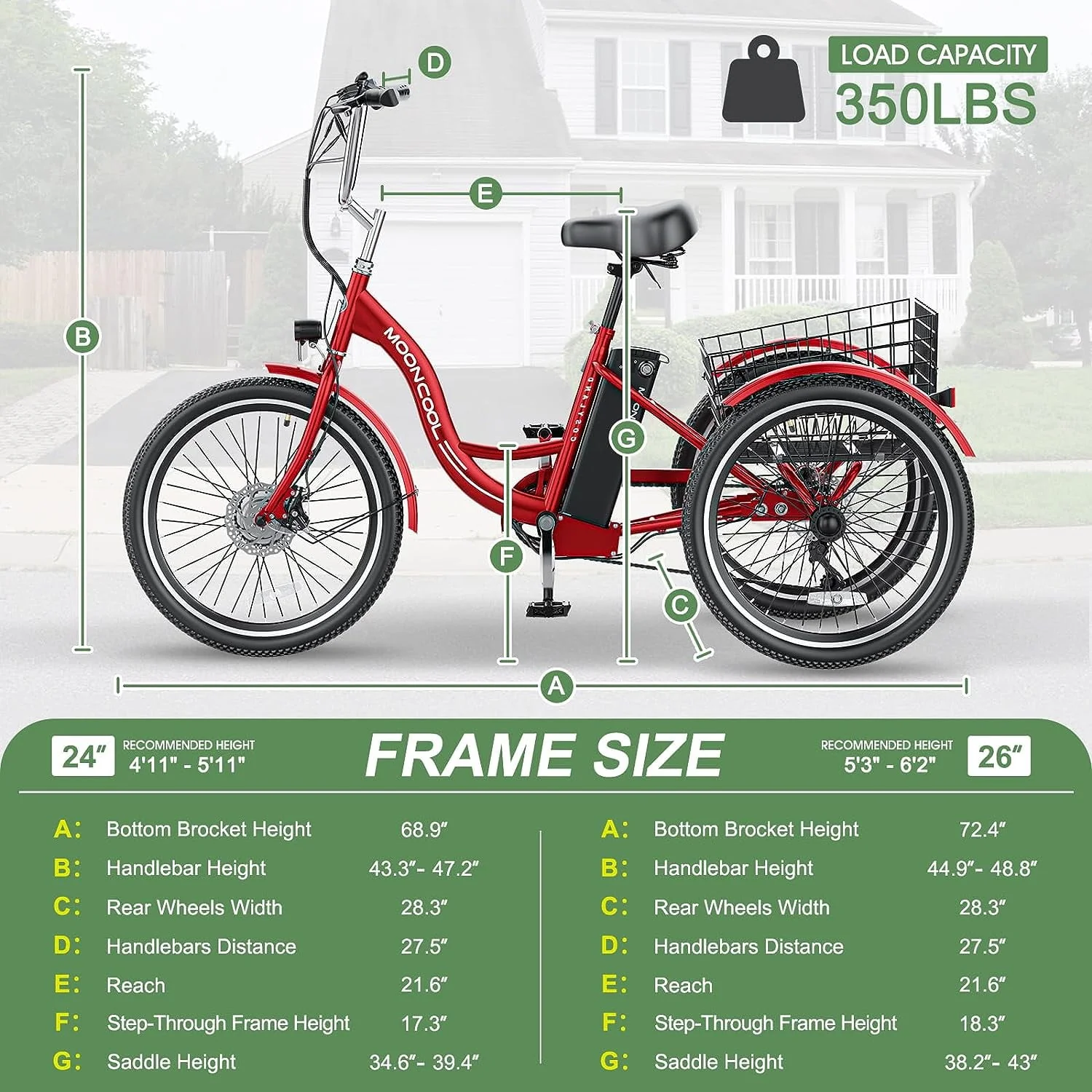 MOONCOOL 24/26 Electric Tricycle for Adults, 350W 36V 7 Speeds Electric Trike Motorized Three Wheel Electric Bikes Bicycle with Large Basket for Women Men